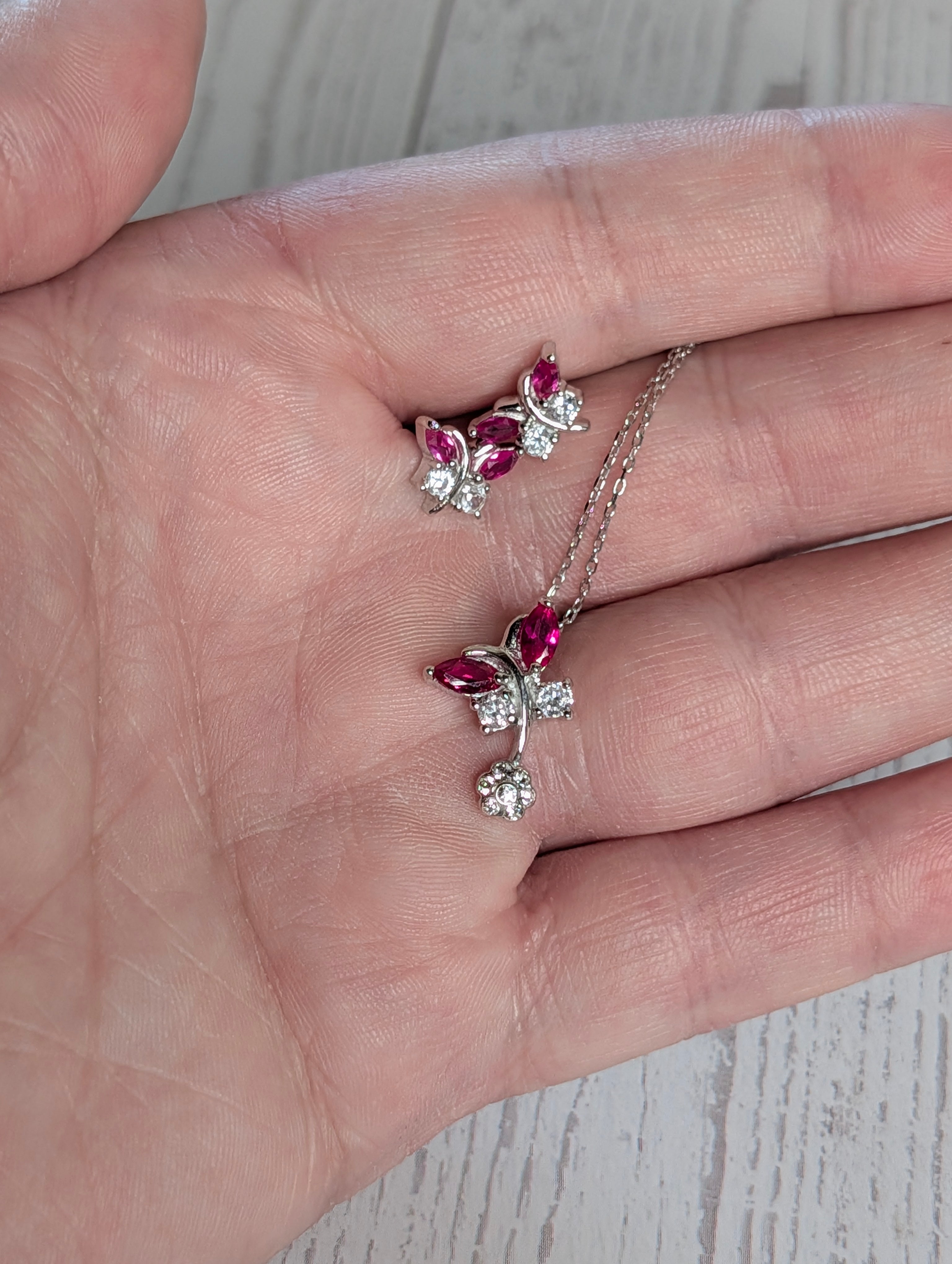 Sterling Silver Hot Pink CZ Butterfly Earrings & Necklace Jewelry Set