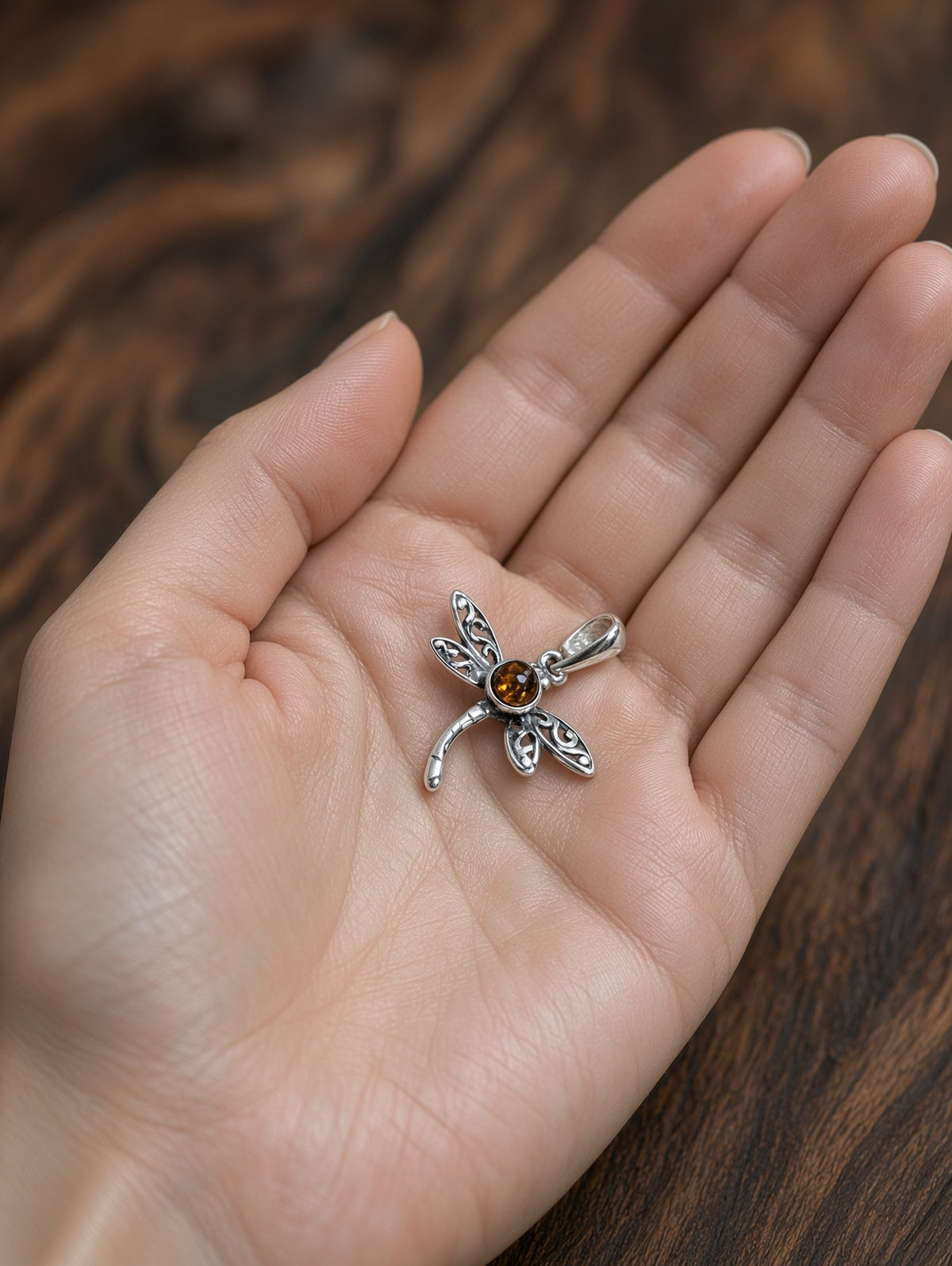 Handmade Dragonfly Orange Honey Cognac Cabochon & Sterling Silver Pendant