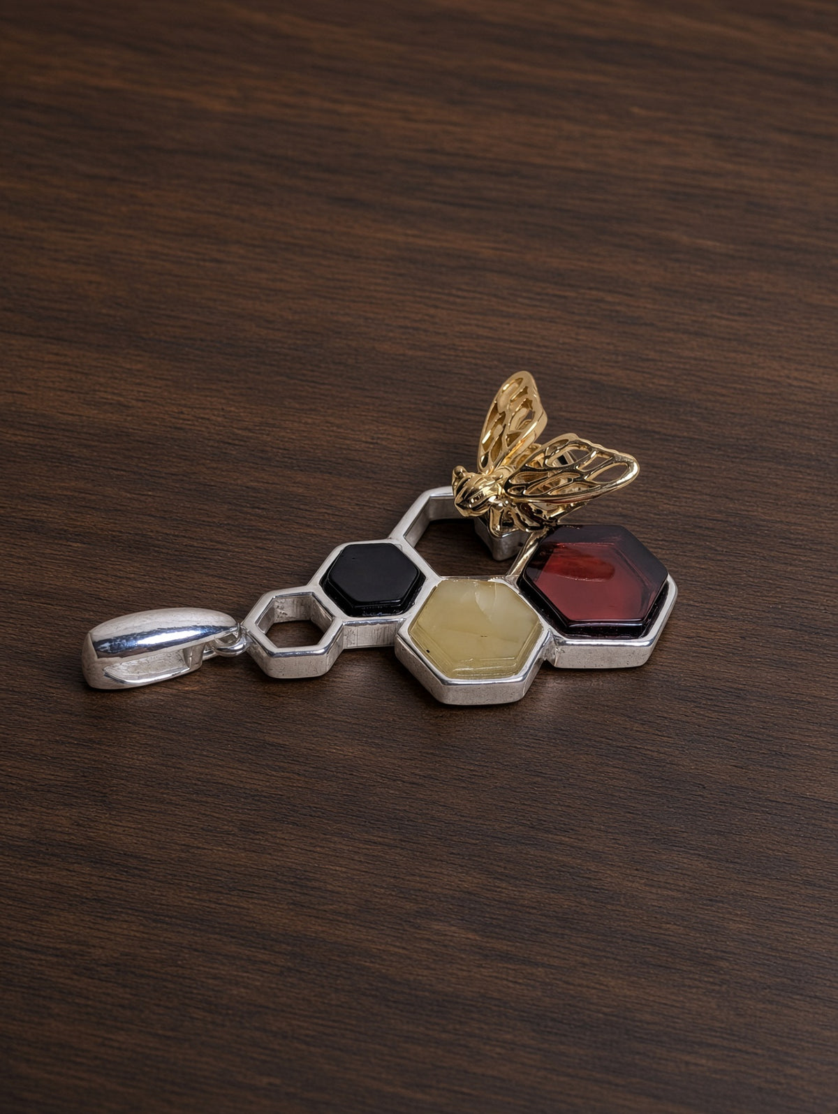 Handmade Bee Honeycomb Honey Cognac Cabochons & Sterling Silver Pendant