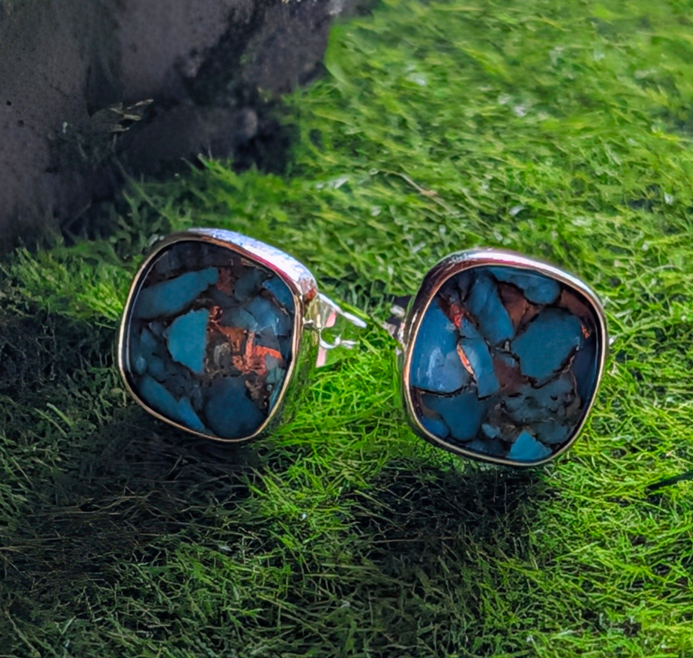 Turquoise Spotted Copper Square Sterling Silver Stud Earrings