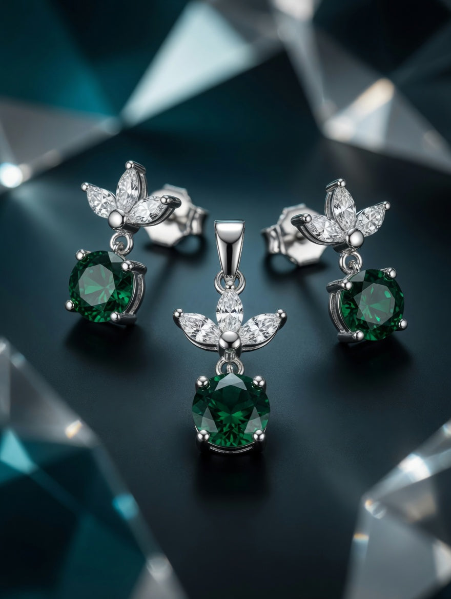Sterling Silver CZ Green GemStone Earrings & Pendant Jewelry Set