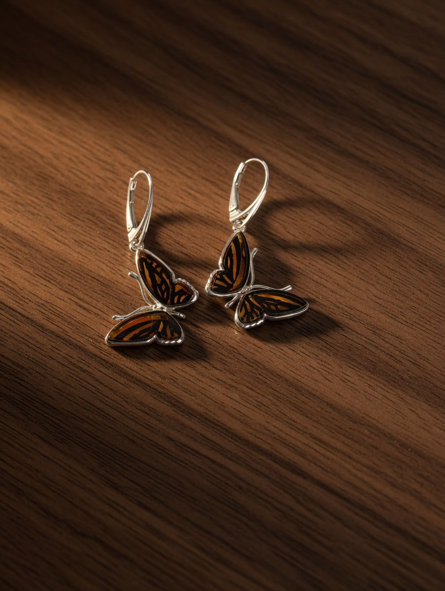 Amber Handmade Sterling Silver Butterfly Leverback Earrings