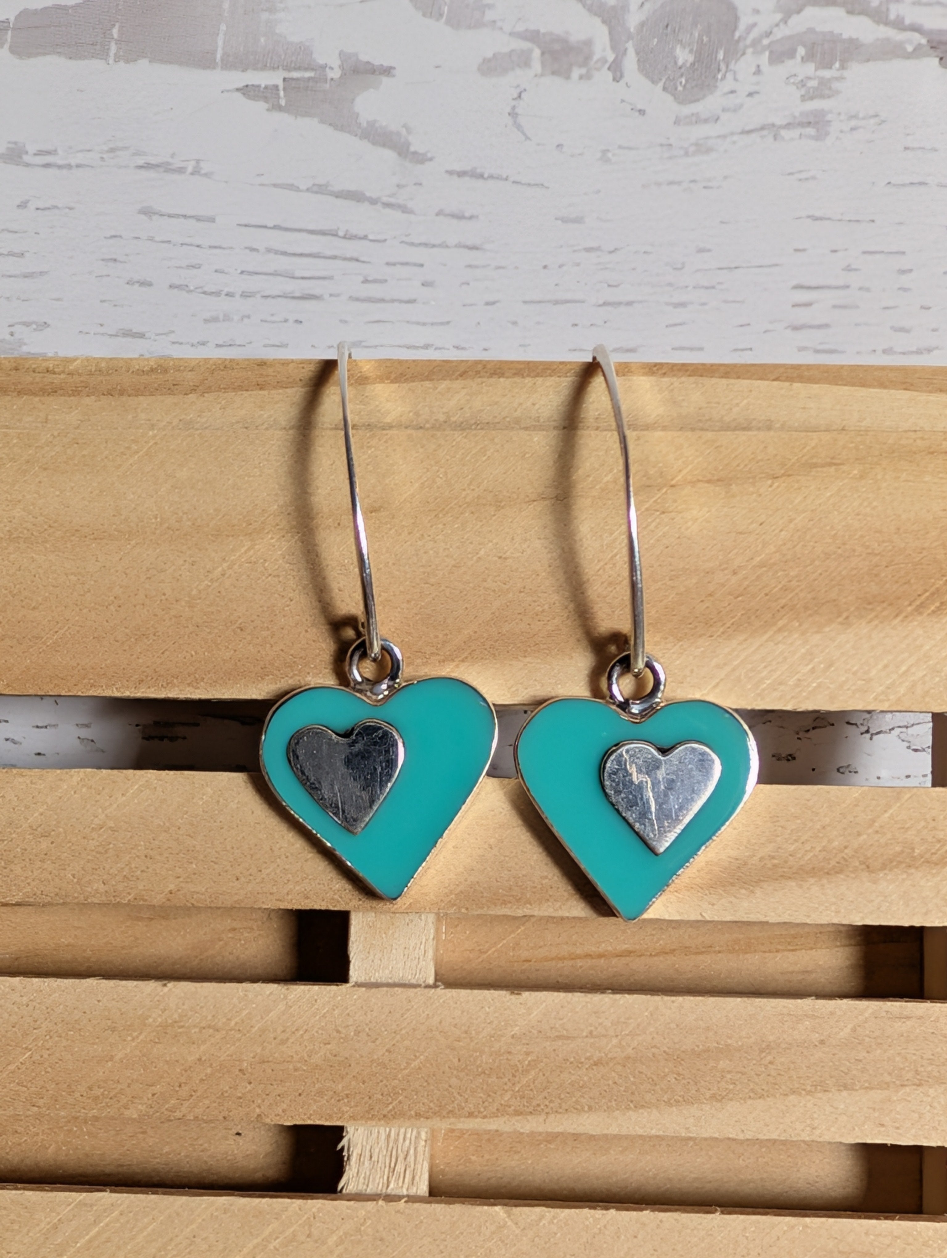 Turquoise Heart Shaped Sterling Silver Dangle Earrings With Silver Inlay