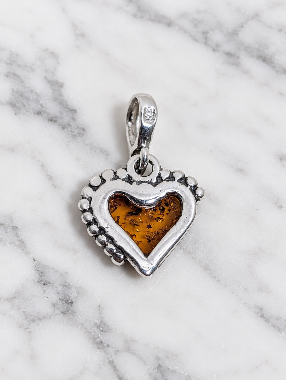 Handmade Heart Shaped Honey Cognac Cabochon & Sterling Silver Pendant