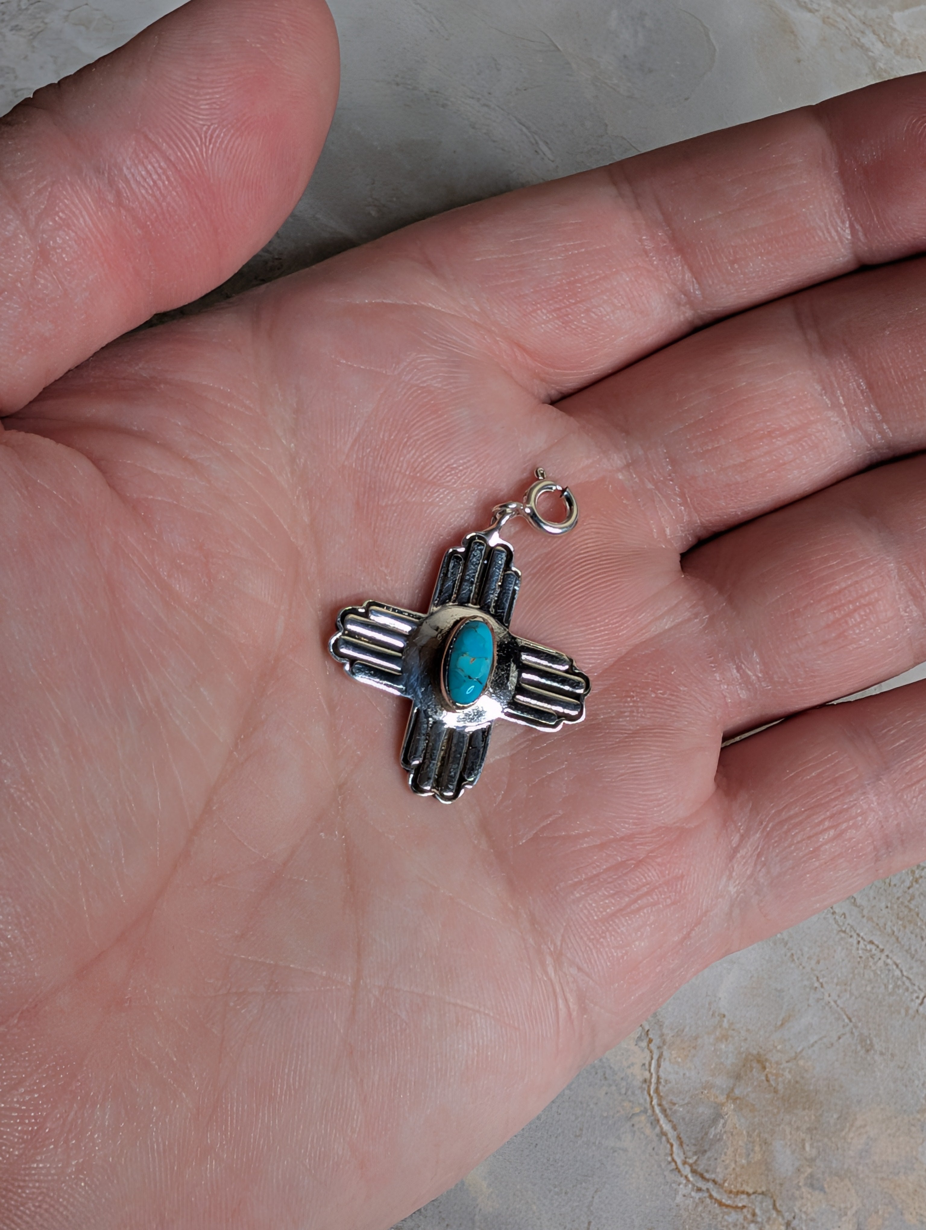 Sterling Silver Southwestern Style Zia Cross Charm With Turquoise