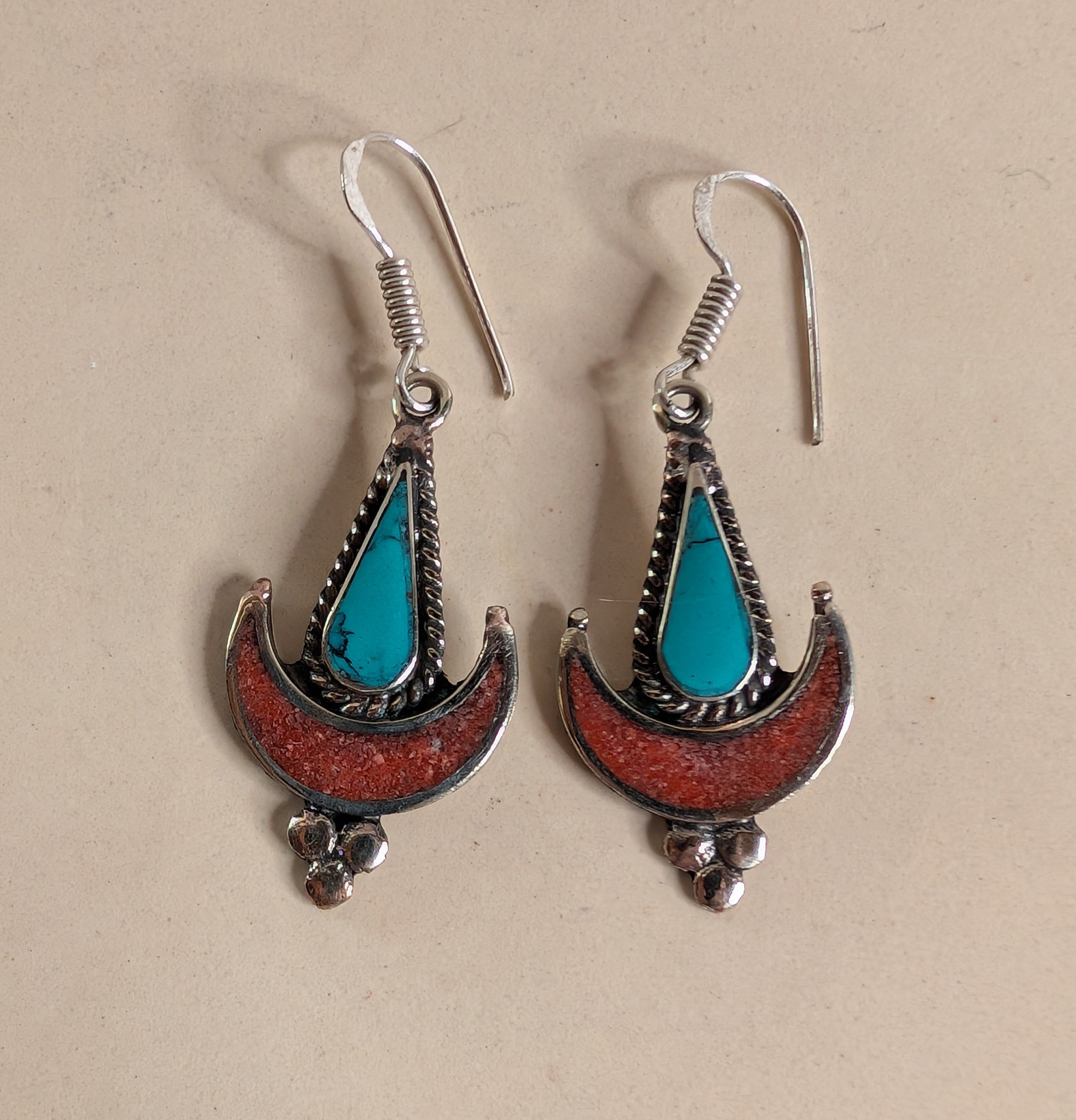 Turquoise & Coral Crescent Moon Dangle Earrings – Southwest Boho Statement