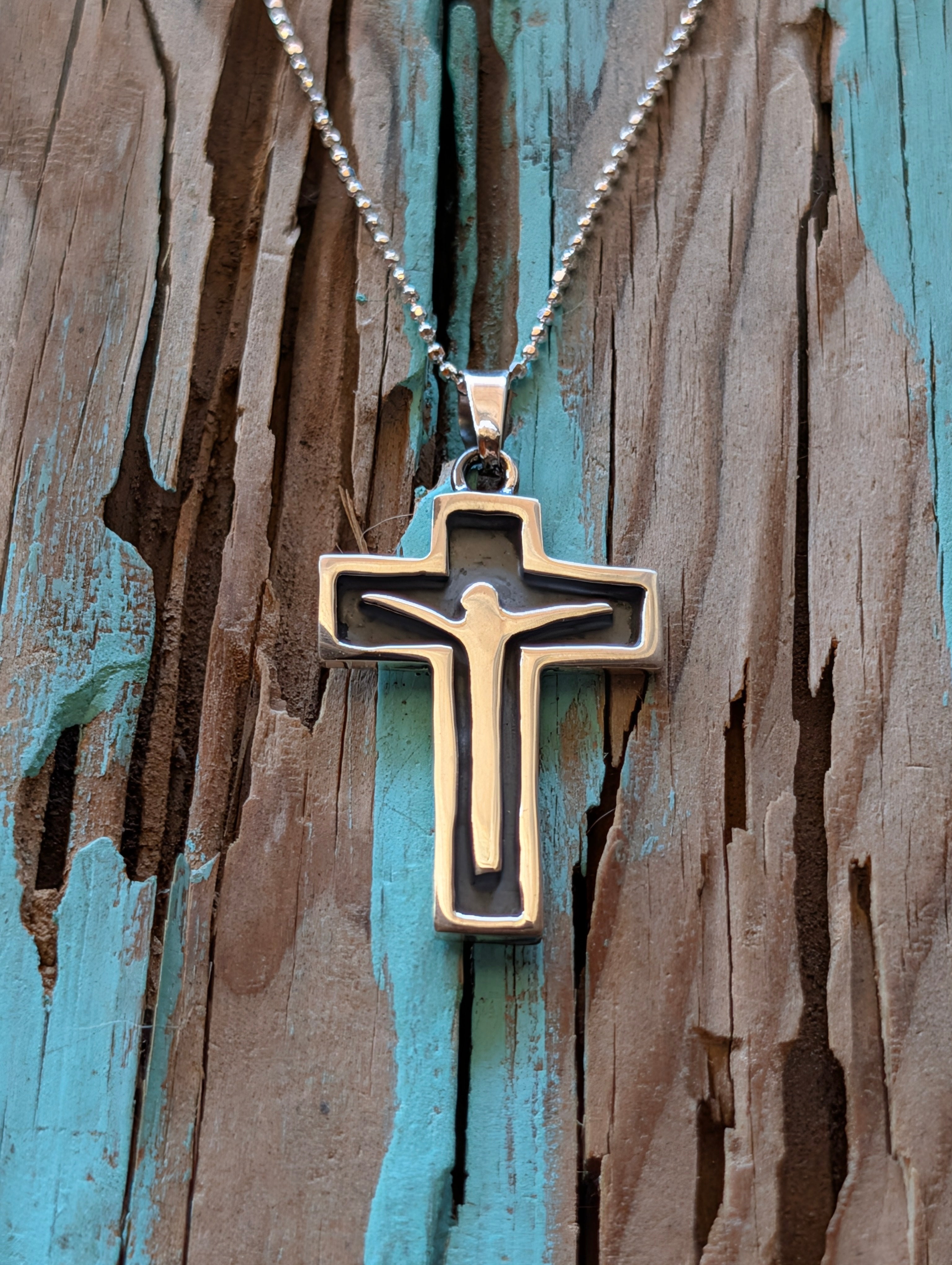 Sterling Silver Christian Crucifix Cross Oxidized Silhouette Pendant Necklace