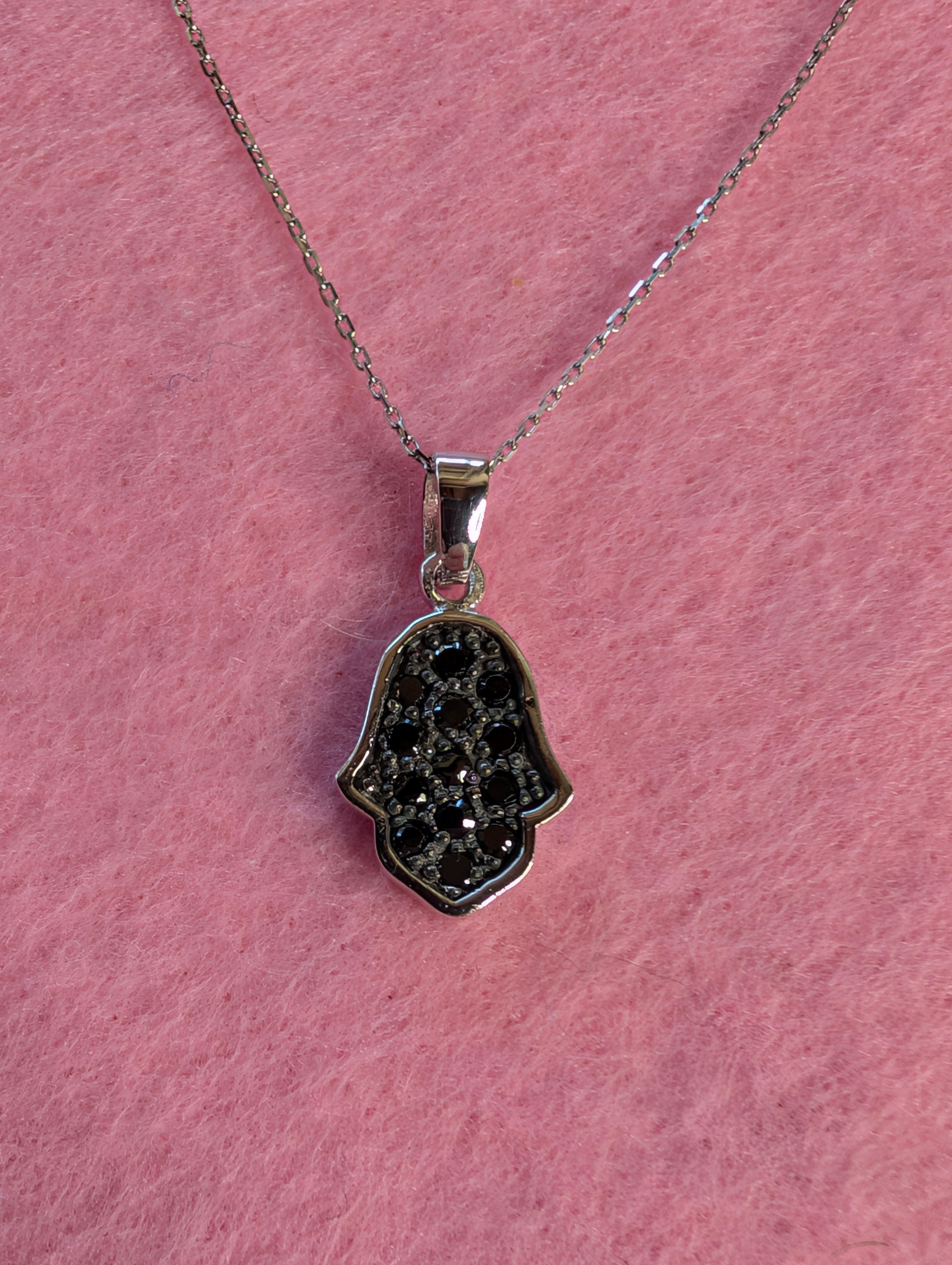 Sterling Silver Black CZ Protective Hamsa Hand Necklace