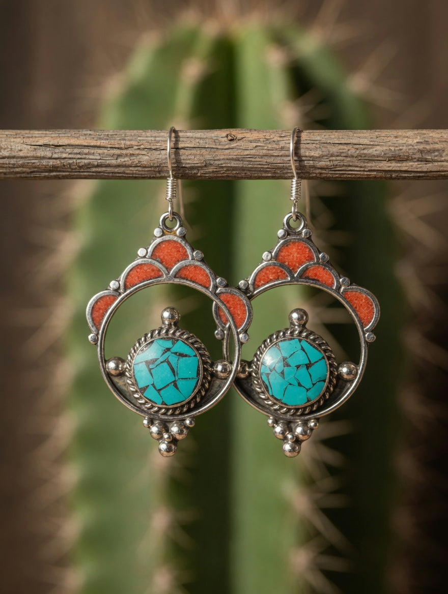 Vintage Coral & Turquoise Intricate Etched Silver Round Dangle Earrings