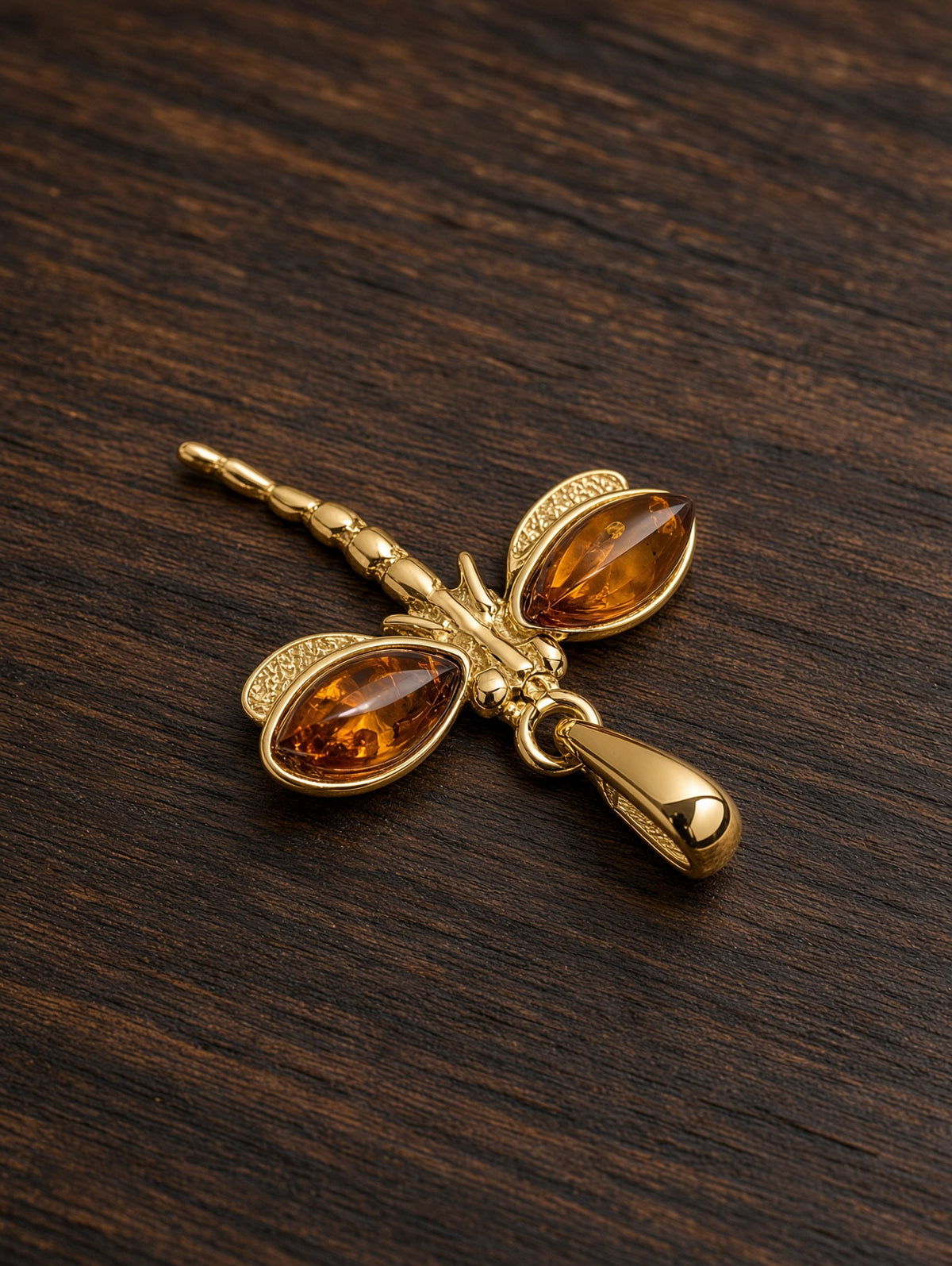 Handmade Dragonfly 14k Gold Plated Honey Cognac Cabochon Pendant