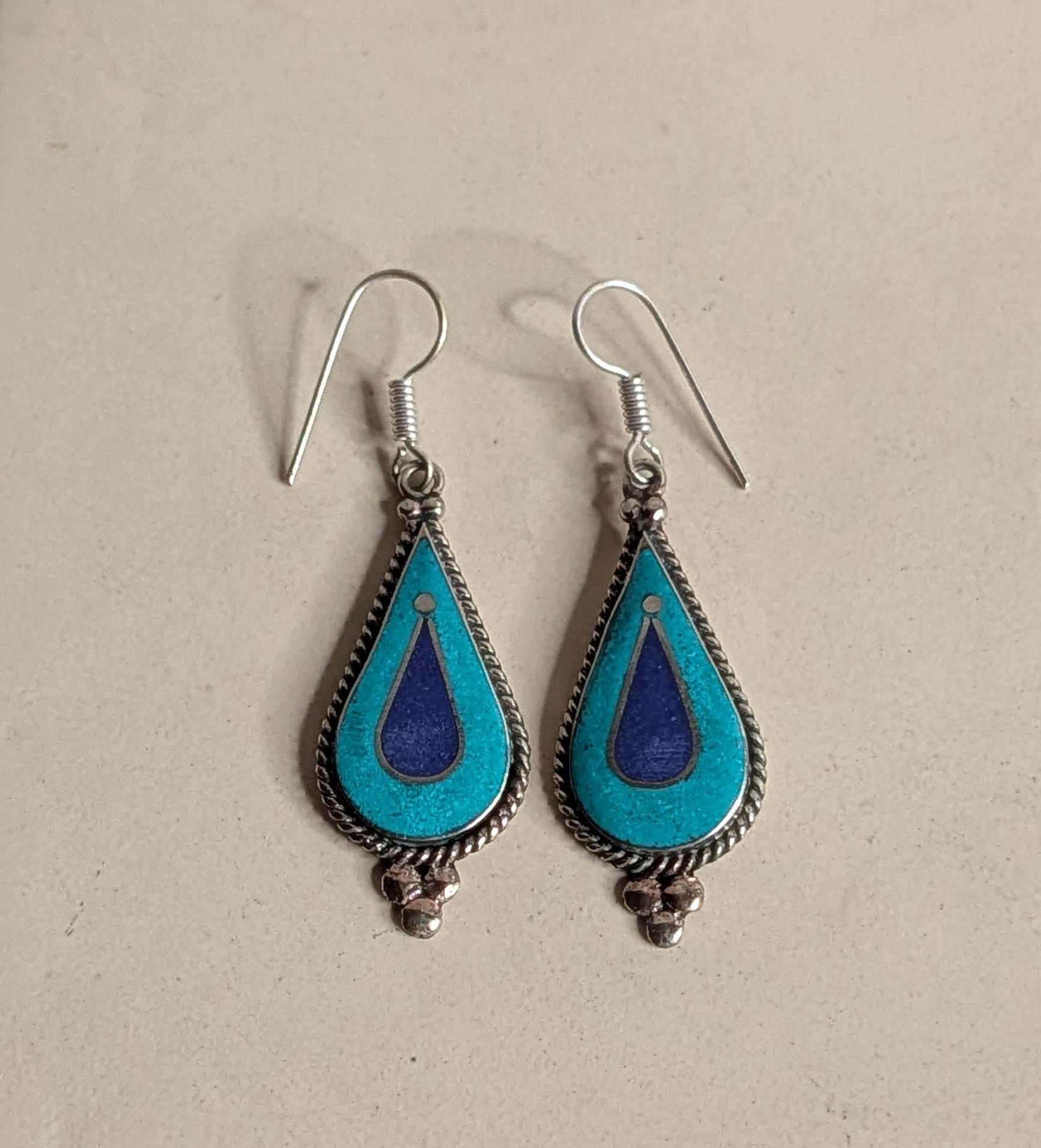 Lapis and Turquoise Teardrop Dangle Earrings with Triple Silver Ball Drop