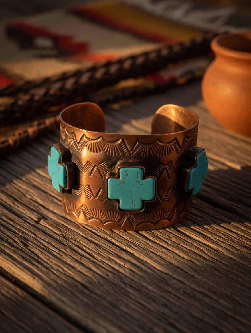 Engraved Copper Cuff Bracelet with Blue Cross Accents