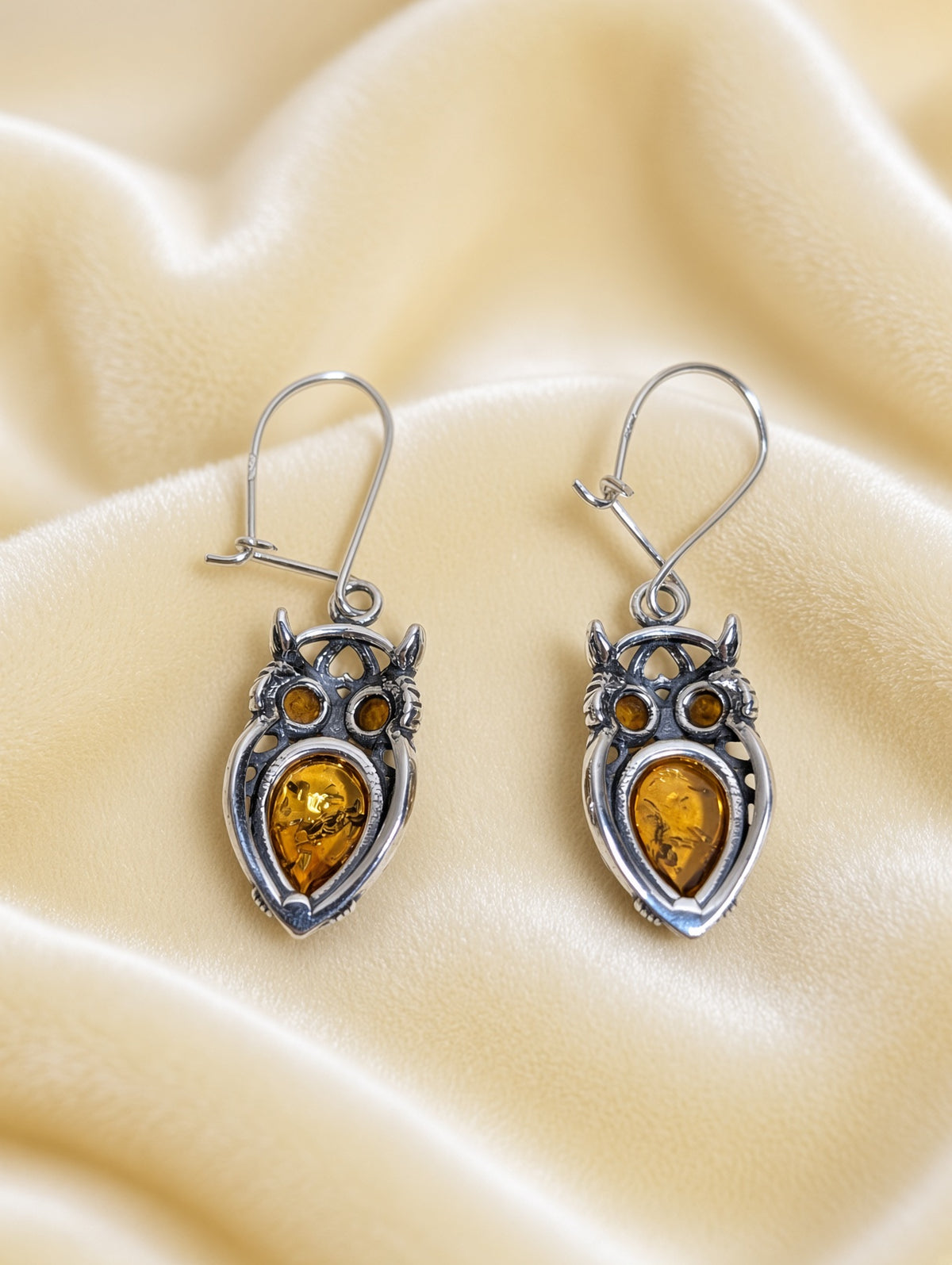 Handmade Owl Earrings with Yellow Inlay & Honey Cognac Cabochons In Sterling Silver