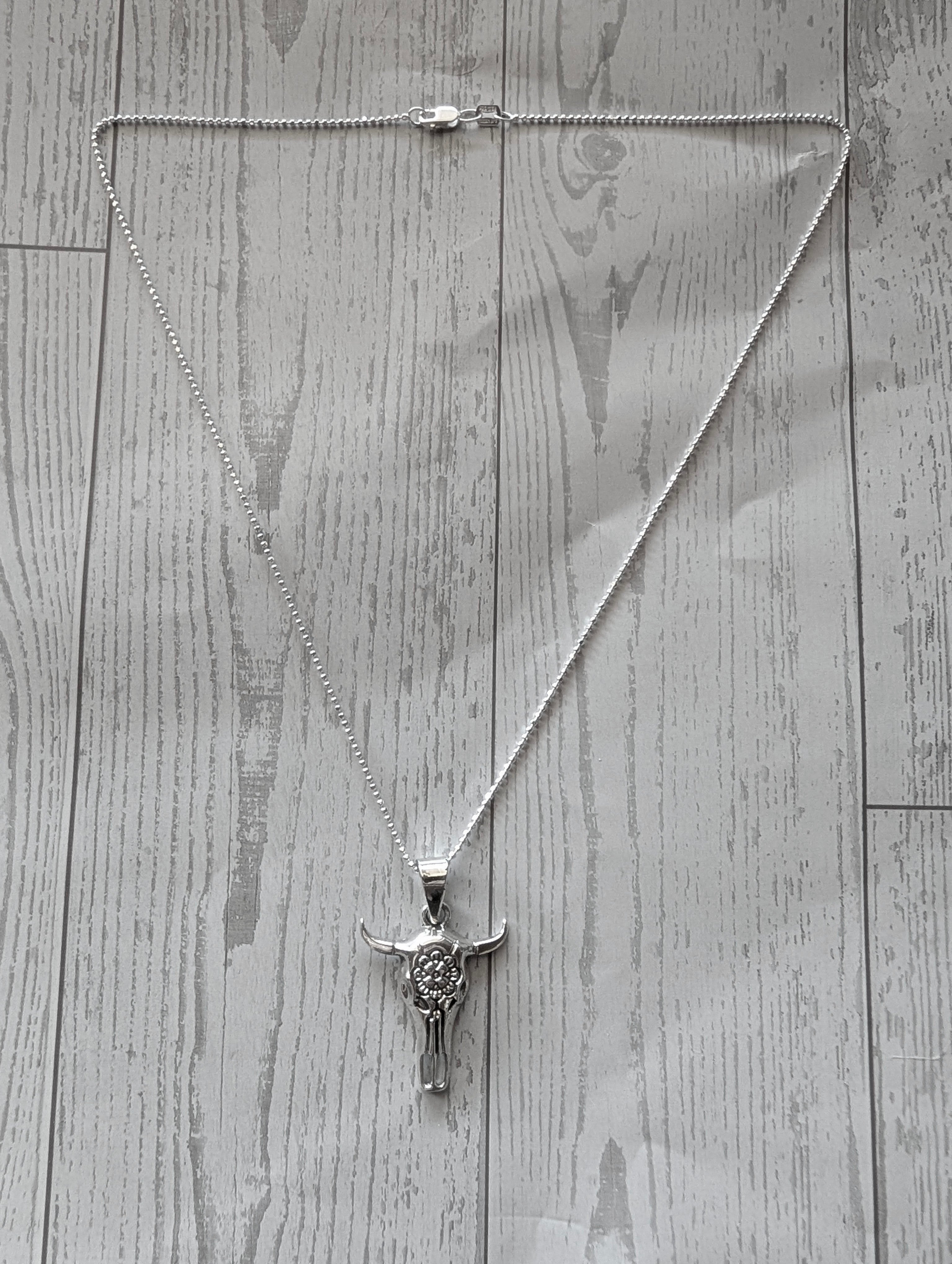 Sterling Silver Tibetan Western Style Cow Skull Pendant With Floral Design