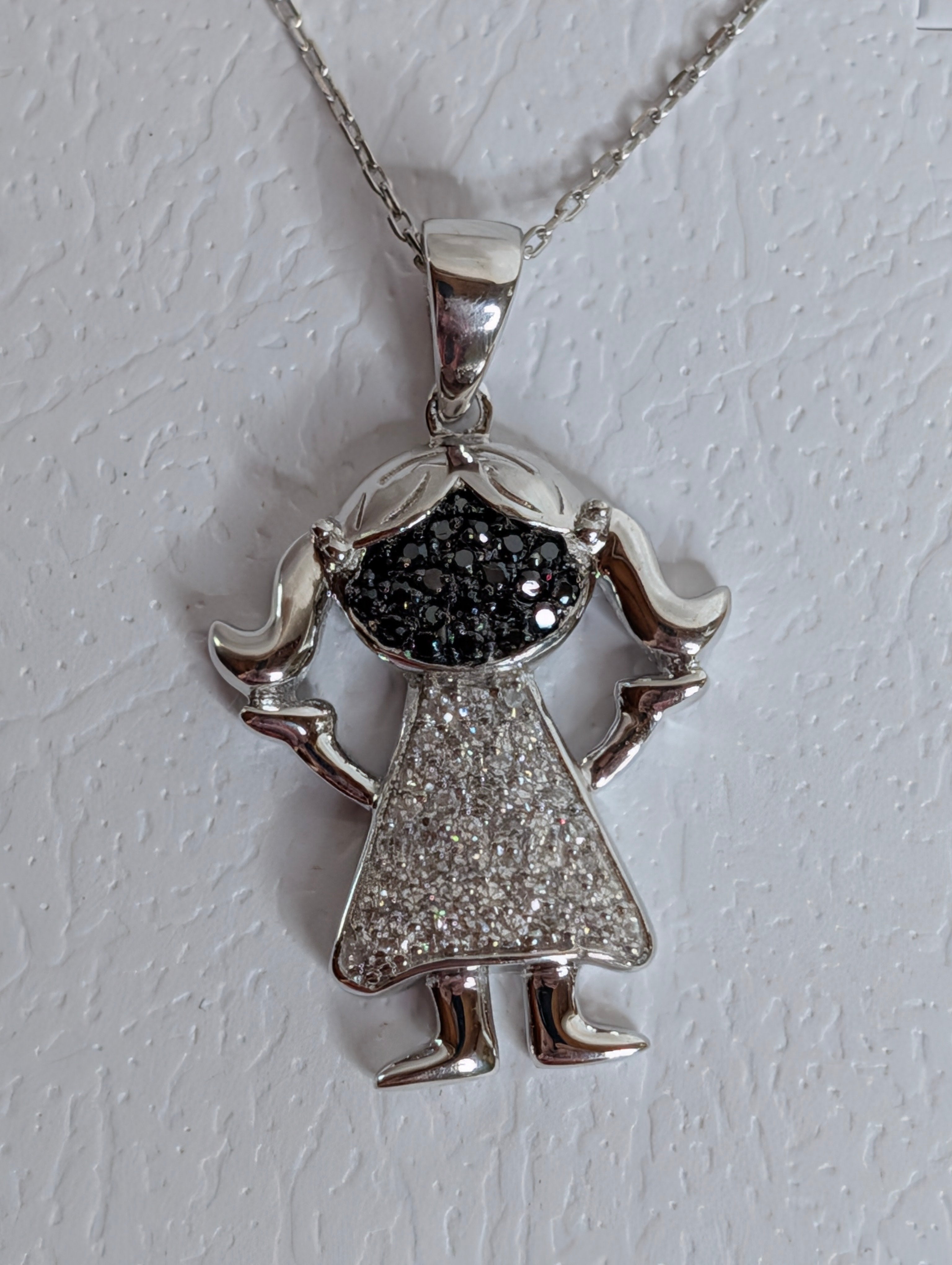 Sterling Silver Black & White CZ Girl With Pigtails Necklace