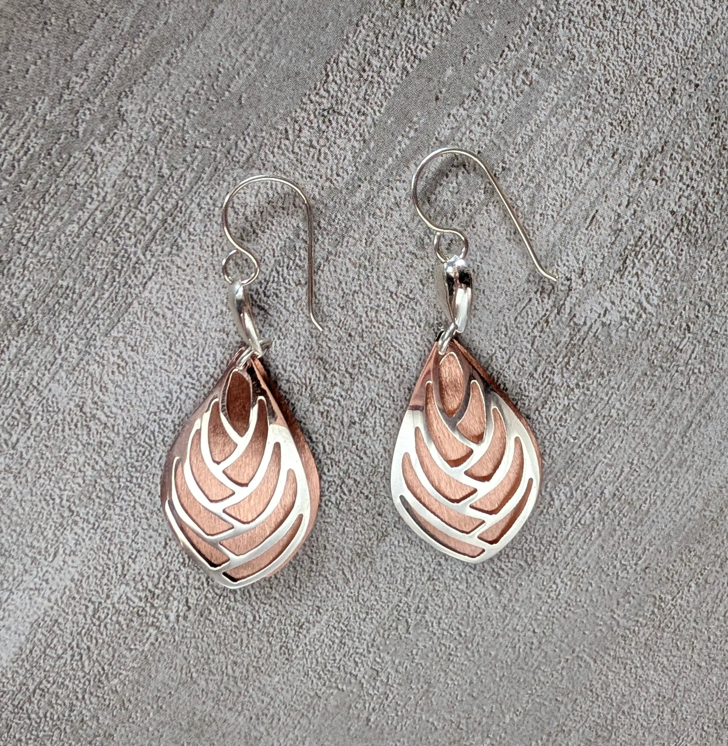 Sterling Silver & Copper Etched Leaf Shaped Hook Earrings