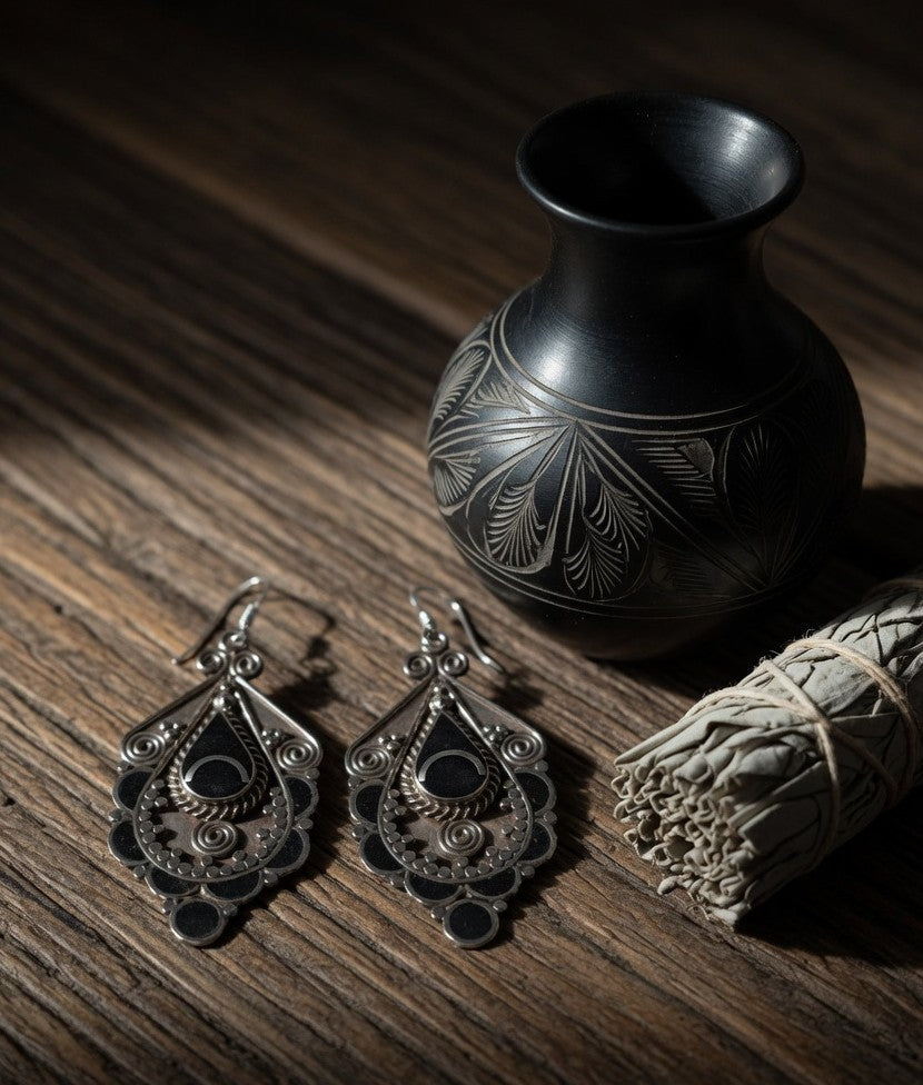 Vintage Black Onyx & Silver Intricate Southwestern Dangle Earrings