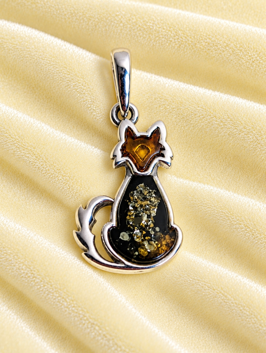 Handmade Fox with Dark Honey Cognac Cabochon & Sterling Silver Pendant