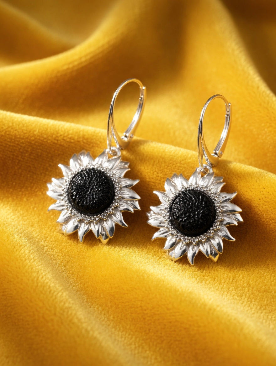 Dark Amber Handmade Sterling Silver Sunflower Leverback Earrings