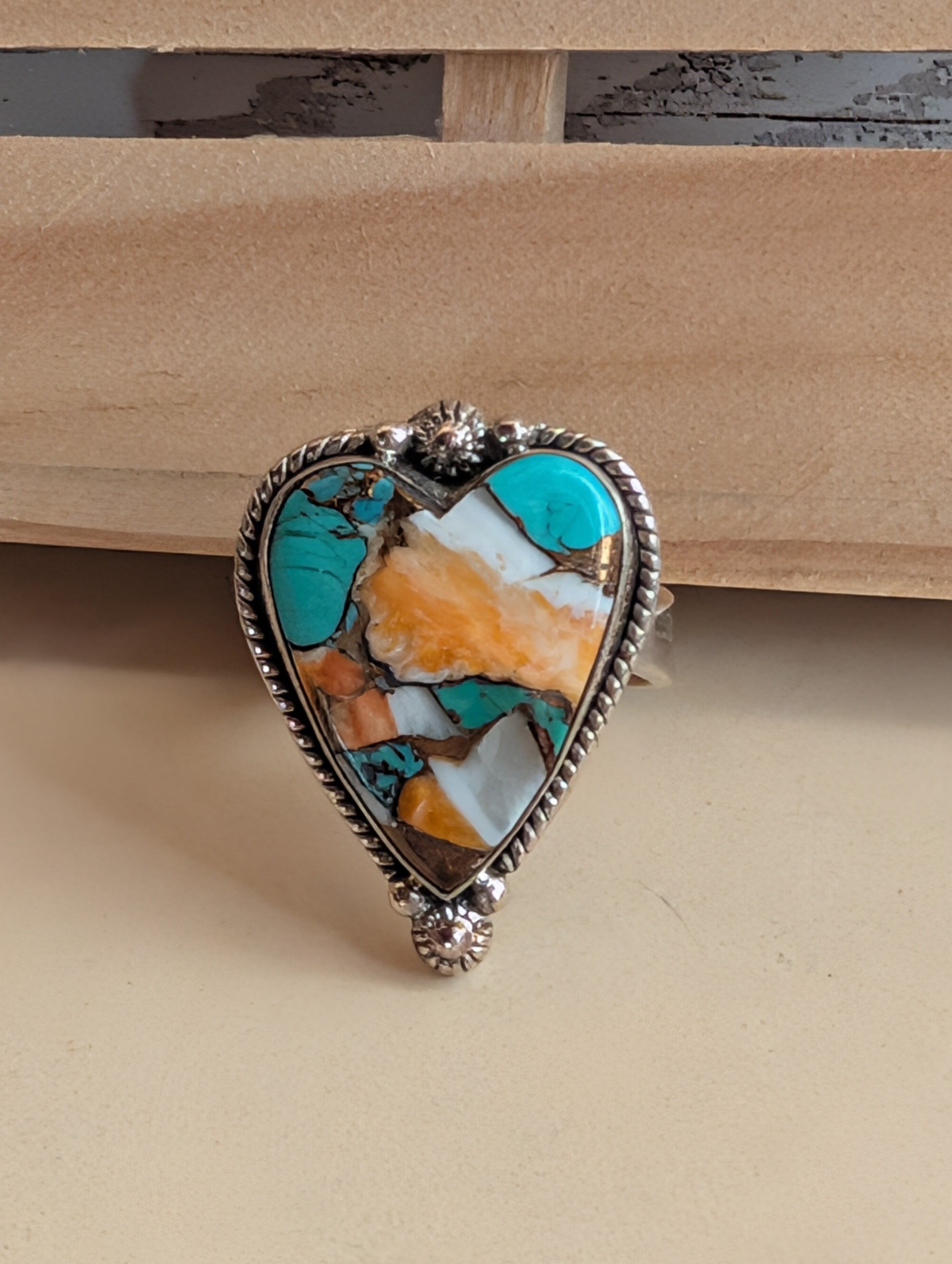 Orange Spiny Turquoise Heart Shaped Sterling Silver Adjustable Ring