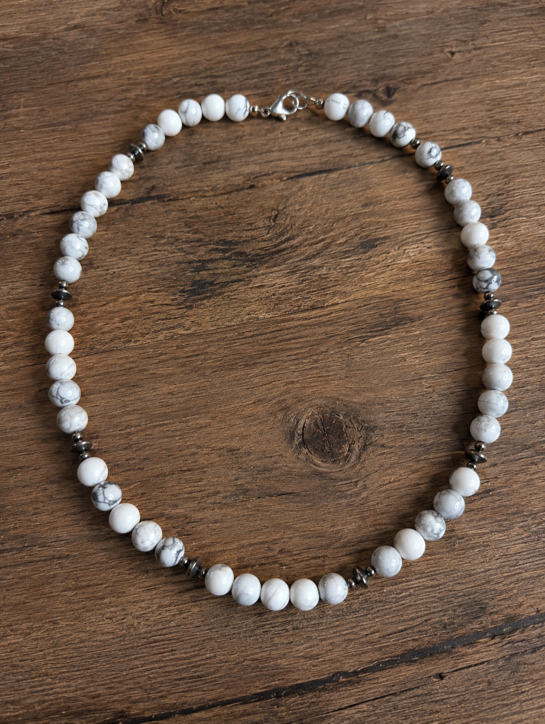 White Howlite Beaded Pearl Sterling Silver Necklace