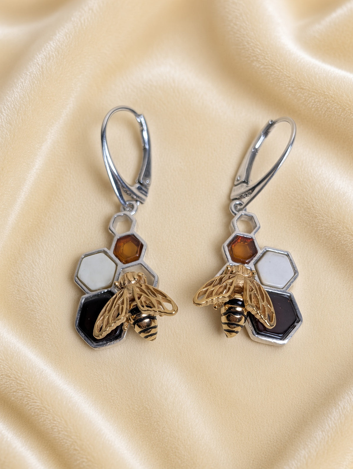 Handmade Bee Honeycomb Honey Cognac Cabochons & Sterling Silver Leverback Earrings