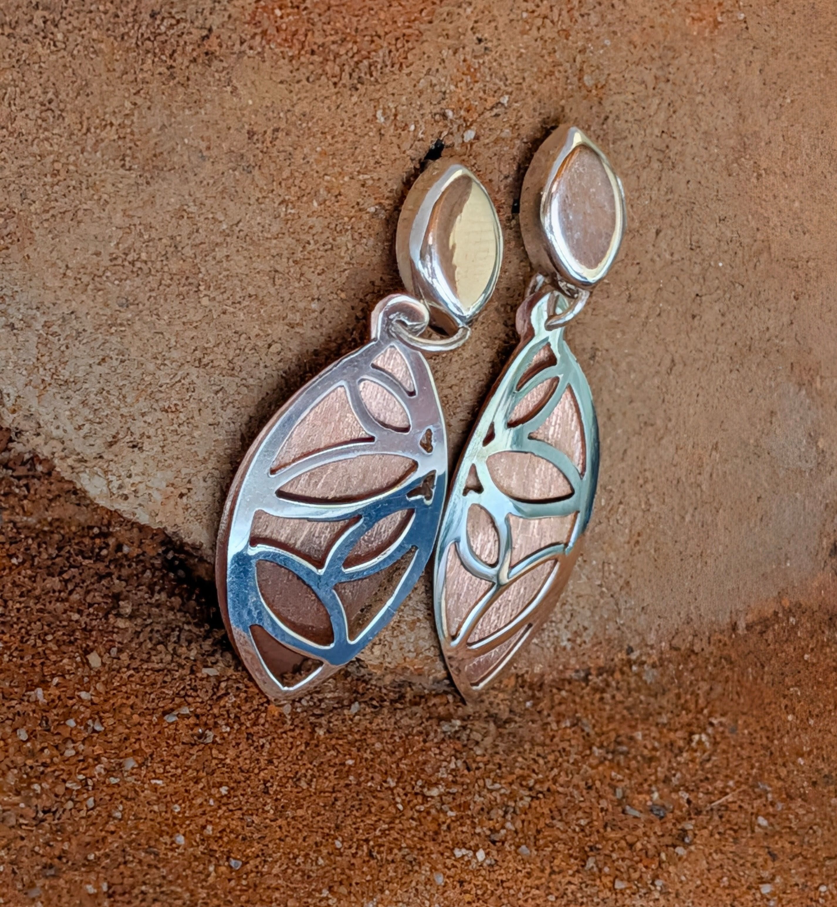 Sterling Silver & Copper Small Butterfly Wing Eliptical Dangle Stud Earrings