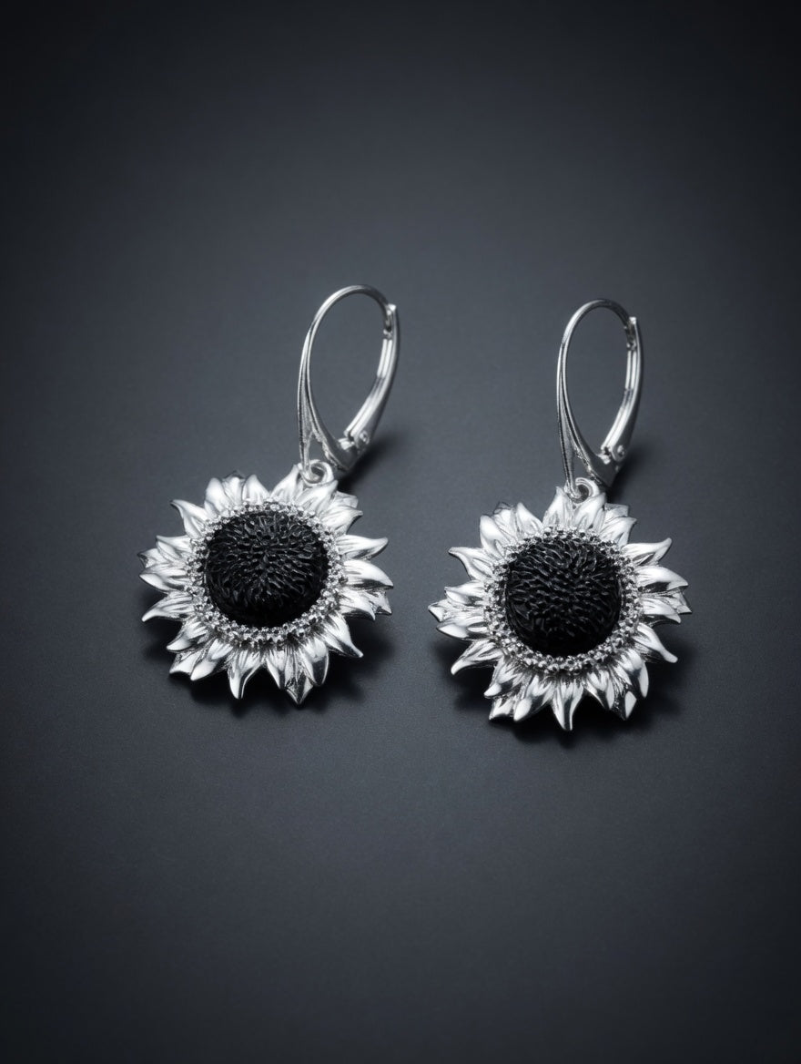 Dark Amber Handmade Sterling Silver Sunflower Leverback Earrings