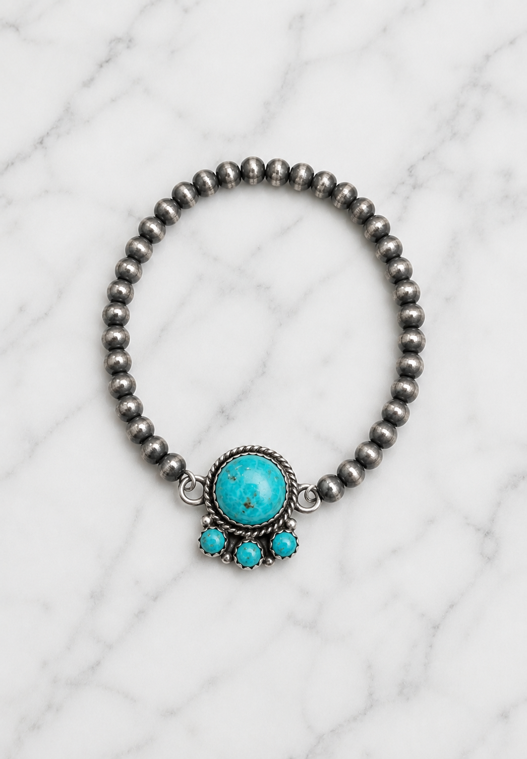 Sterling Silver 4mm Beaded Stretch Bracelet With Kingman Turquoise