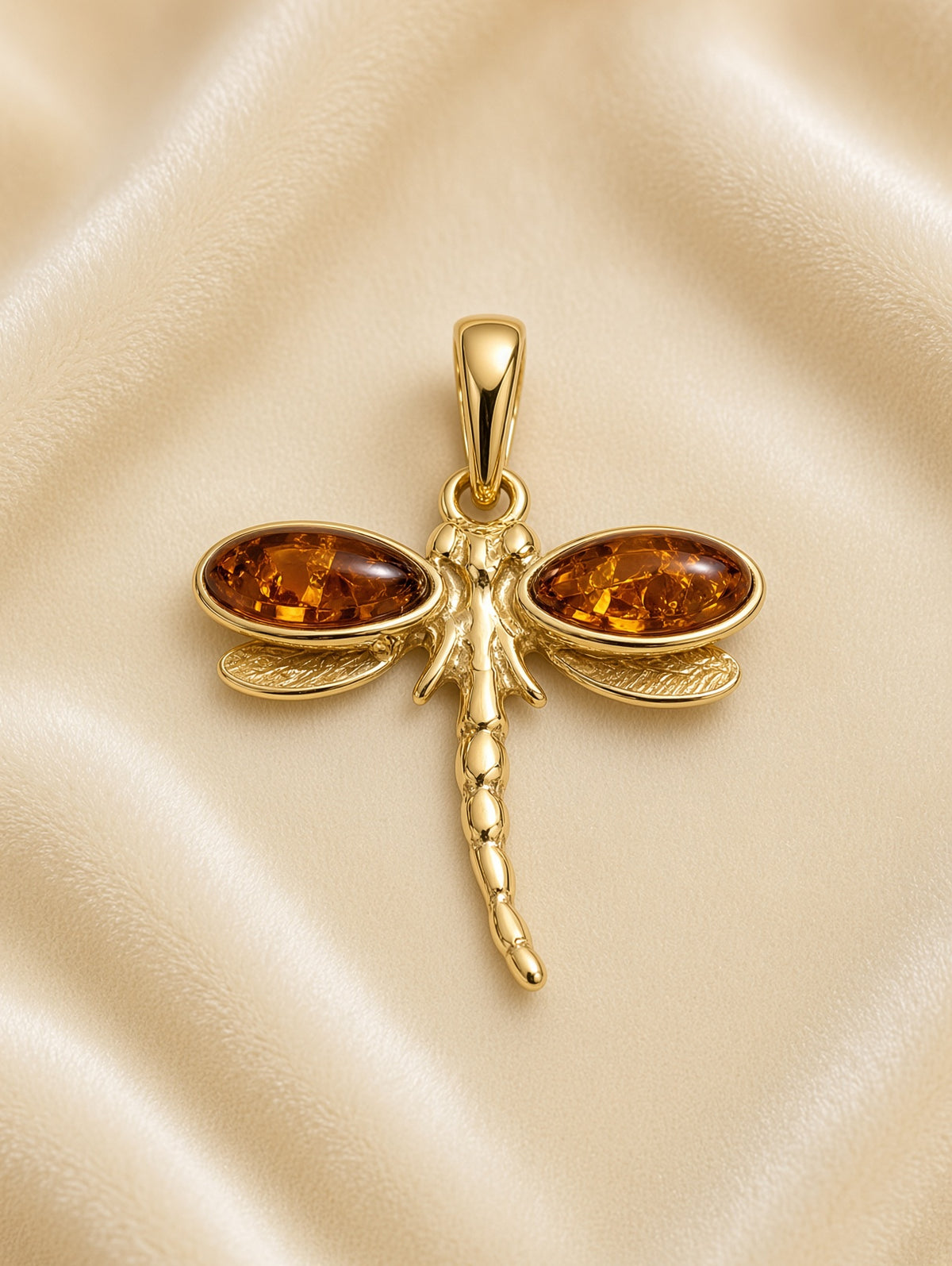 Handmade Dragonfly 14k Gold Plated Honey Cognac Cabochon Pendant