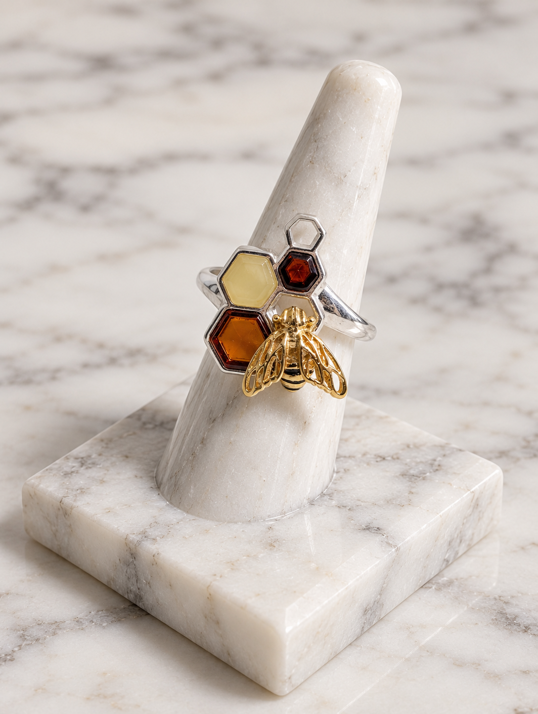 Handmade Bee Honeycomb Honey Cognac Cabochons & Sterling Silver Adjustable Ring