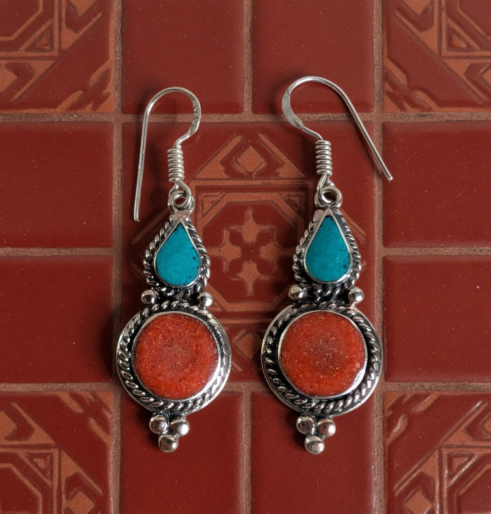 Turquoise Teardrop & Coral Circle Dangle Earrings