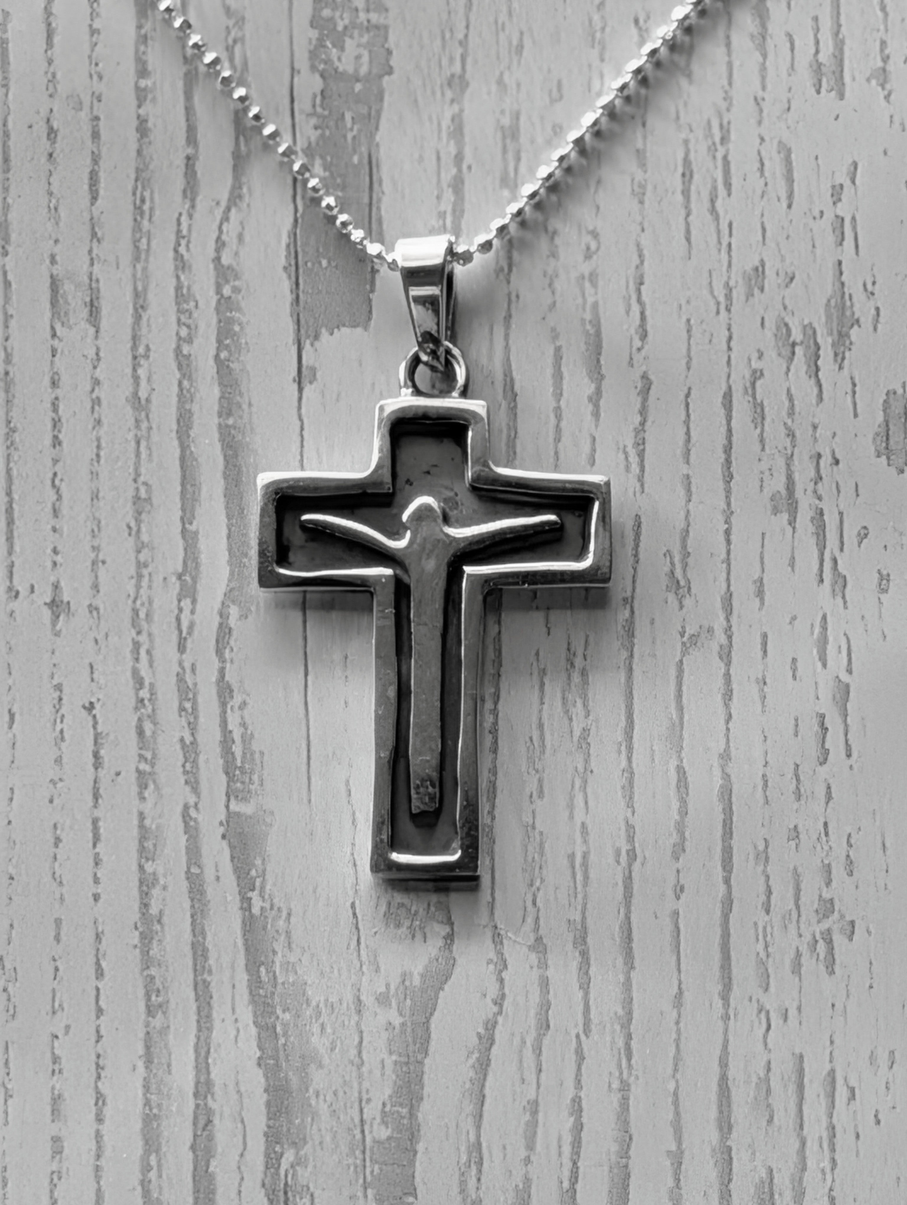 Sterling Silver Christian Crucifix Cross Oxidized Silhouette Pendant Necklace