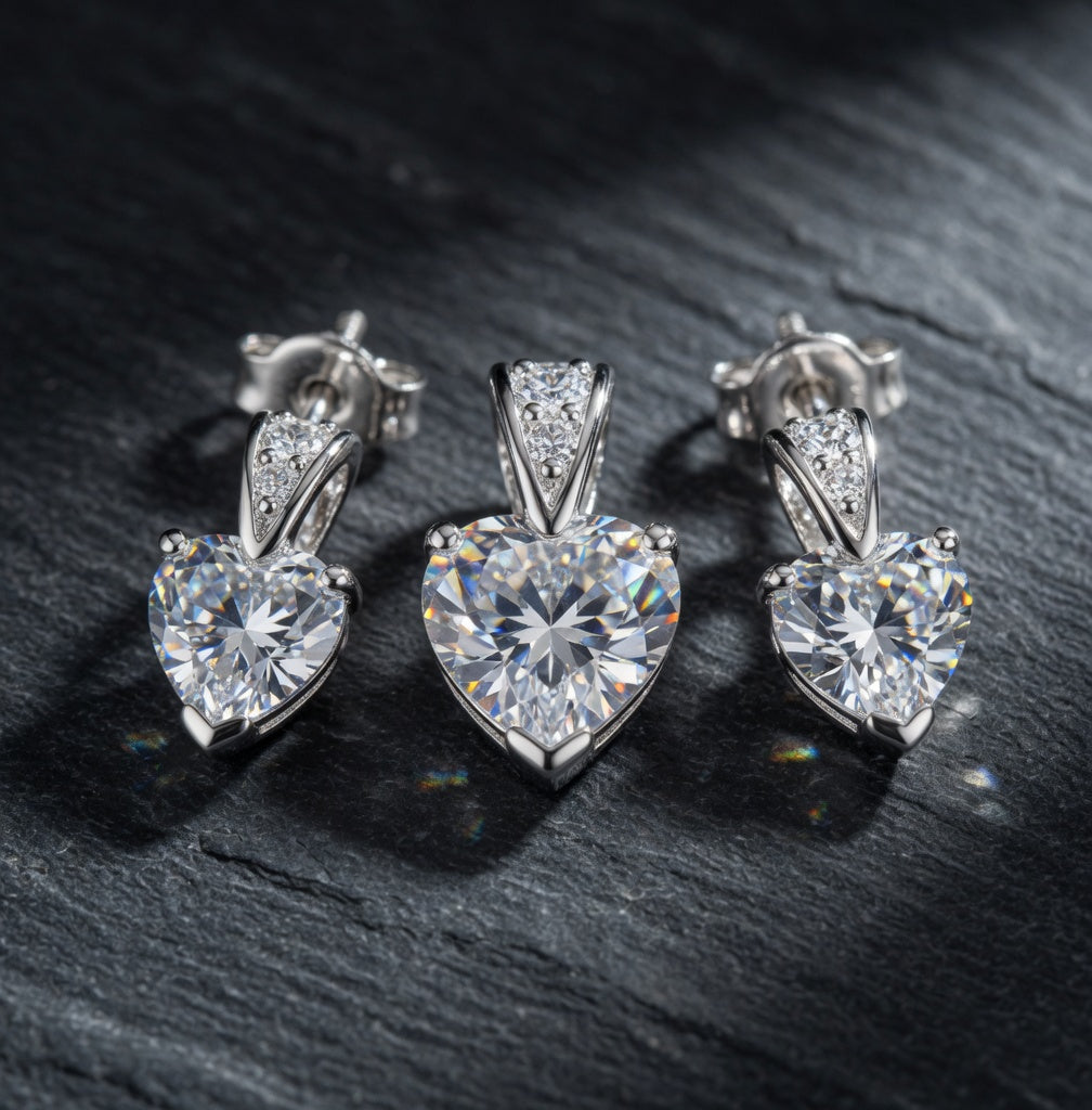 Sterling Silver CZ White Heart Shape GemStone Earrings & Pendant Jewelry Set