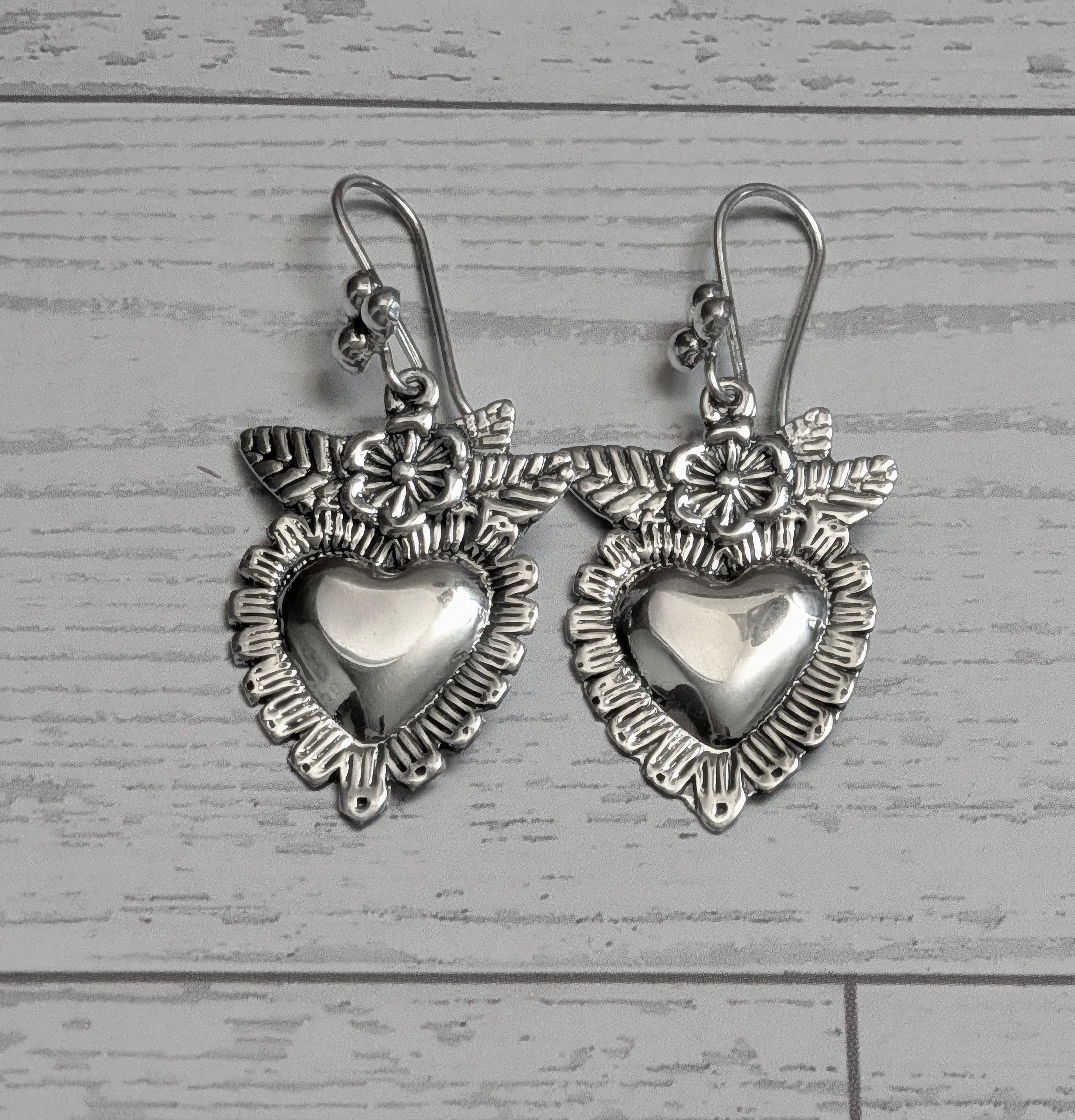 Sterling Silver Heart & Flower Hook Earrings