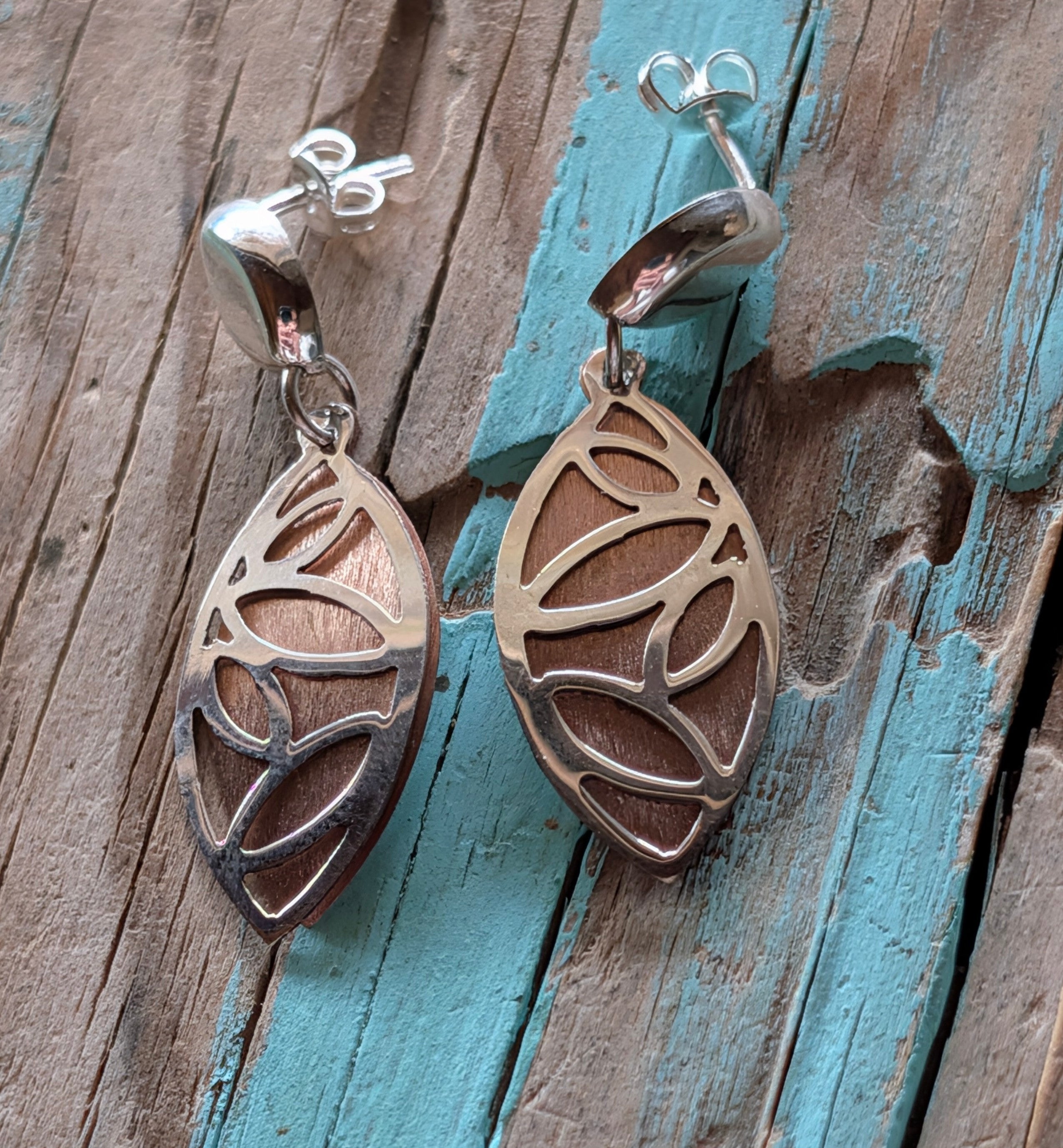 Sterling Silver & Copper Small Butterfly Wing Eliptical Dangle Stud Earrings