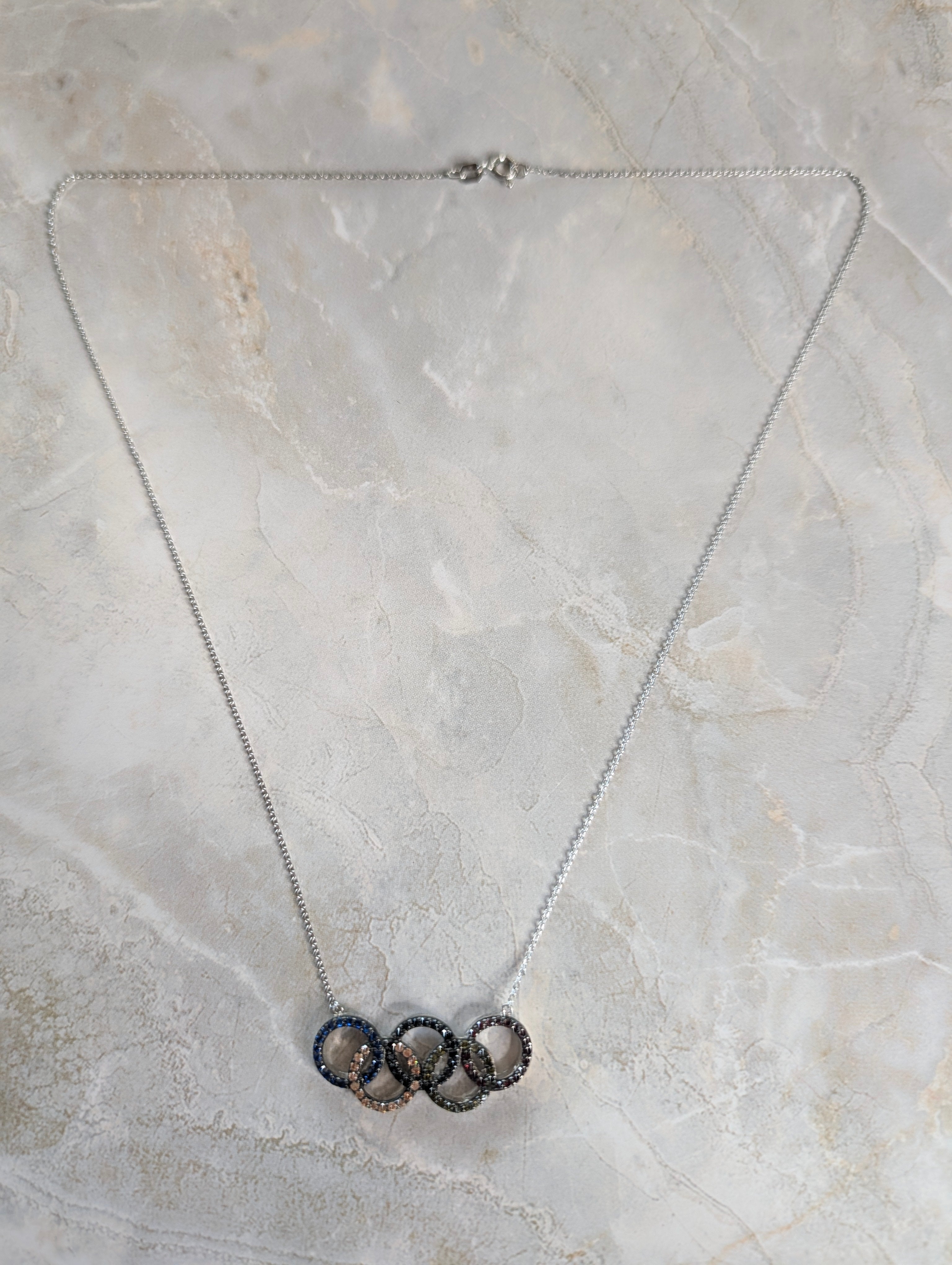 Sterling Silver MultiColor CZ Olympics Ring Bar Necklace