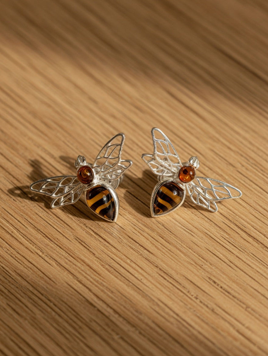 Amber Handmade Sterling Silver Bee Earrings
