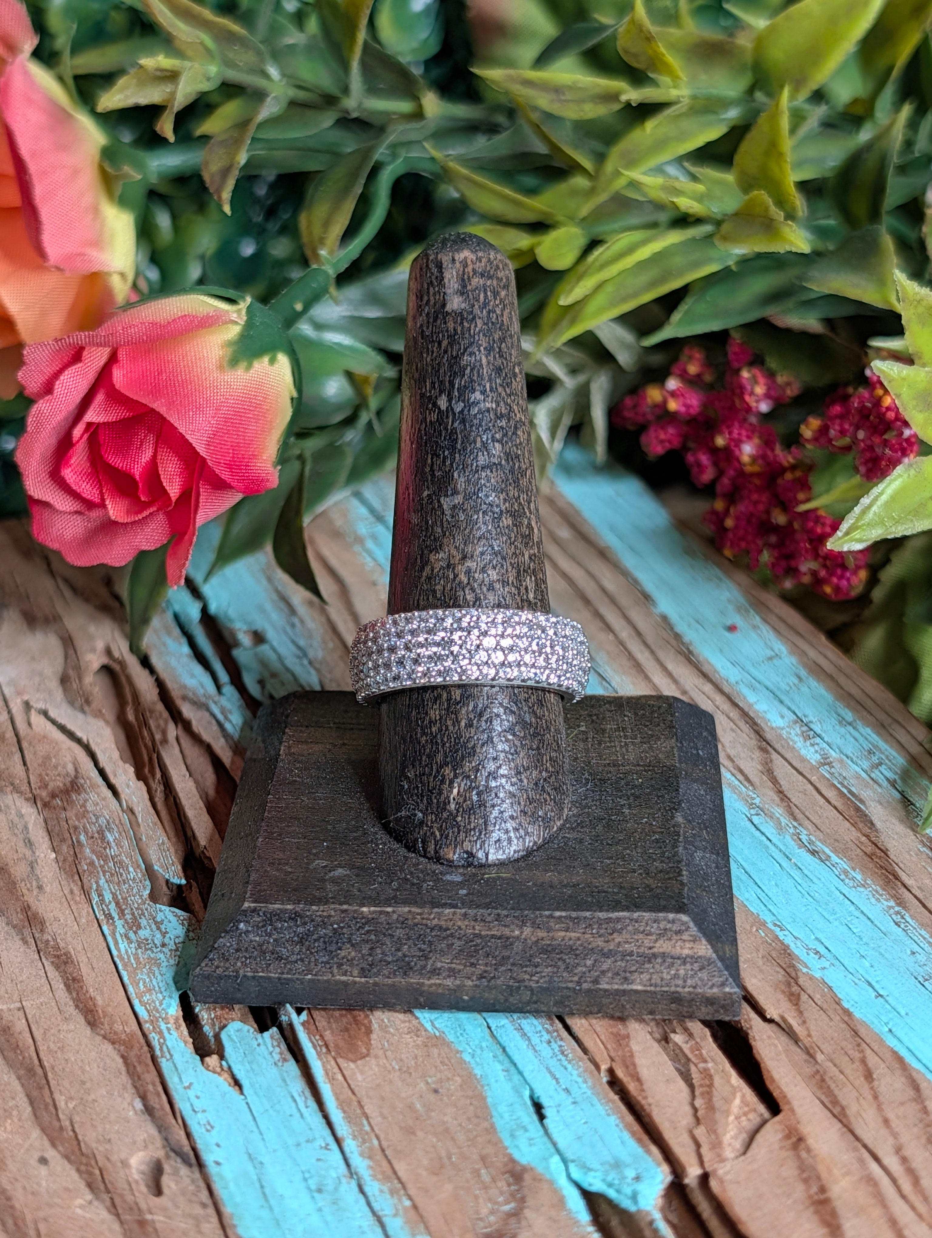 Sterling Silver CZ Fully Paved Stone Inlay Wide Band Ring Size 9.5