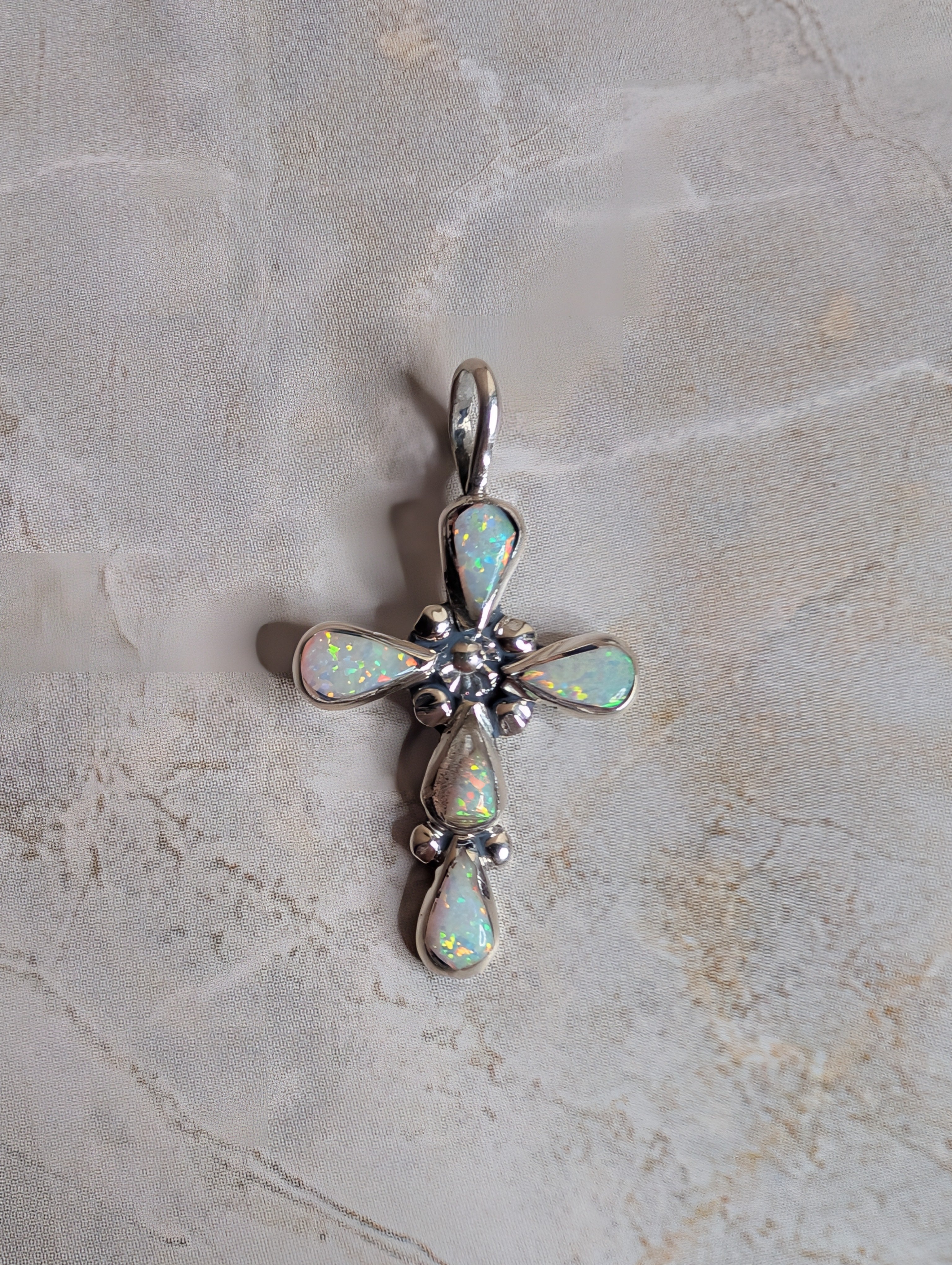 Handcrafted White Fire Opal Sterling Silver Cross Pendant