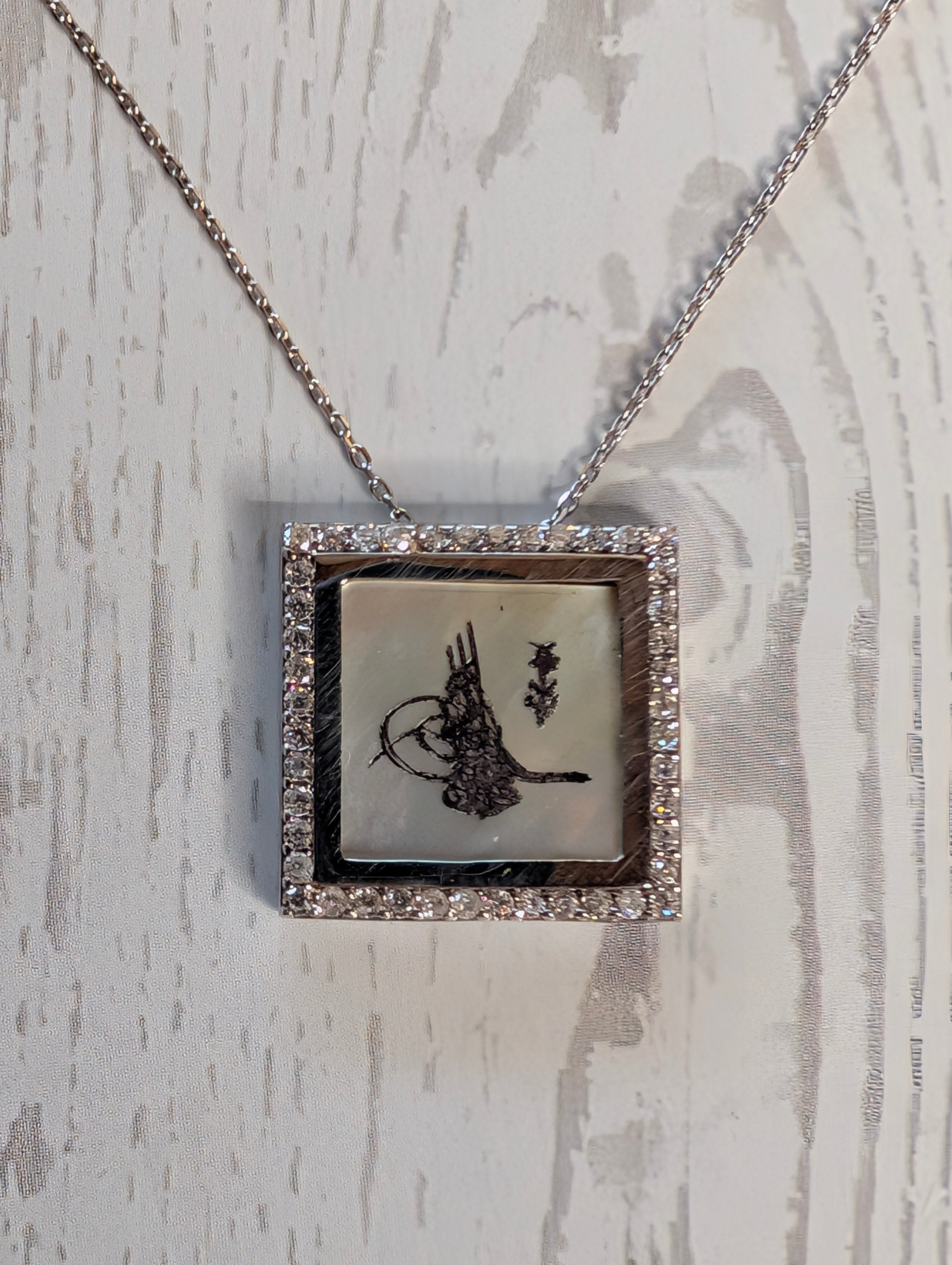 Sterling Silver CZ Tughra Inlay Calligraphy Pendant Necklace