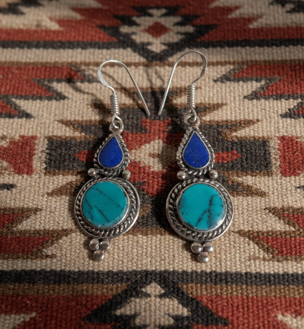 Lapis Teardrop & Turquoise Circle Dangle Earrings