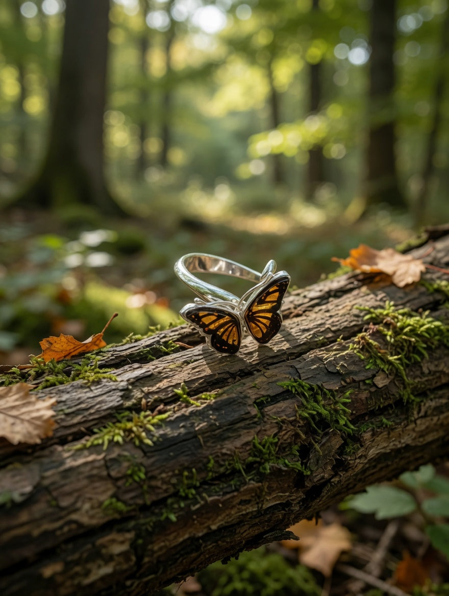 Sterling Silver Handmade Amber Butterfly Adjustable Ring