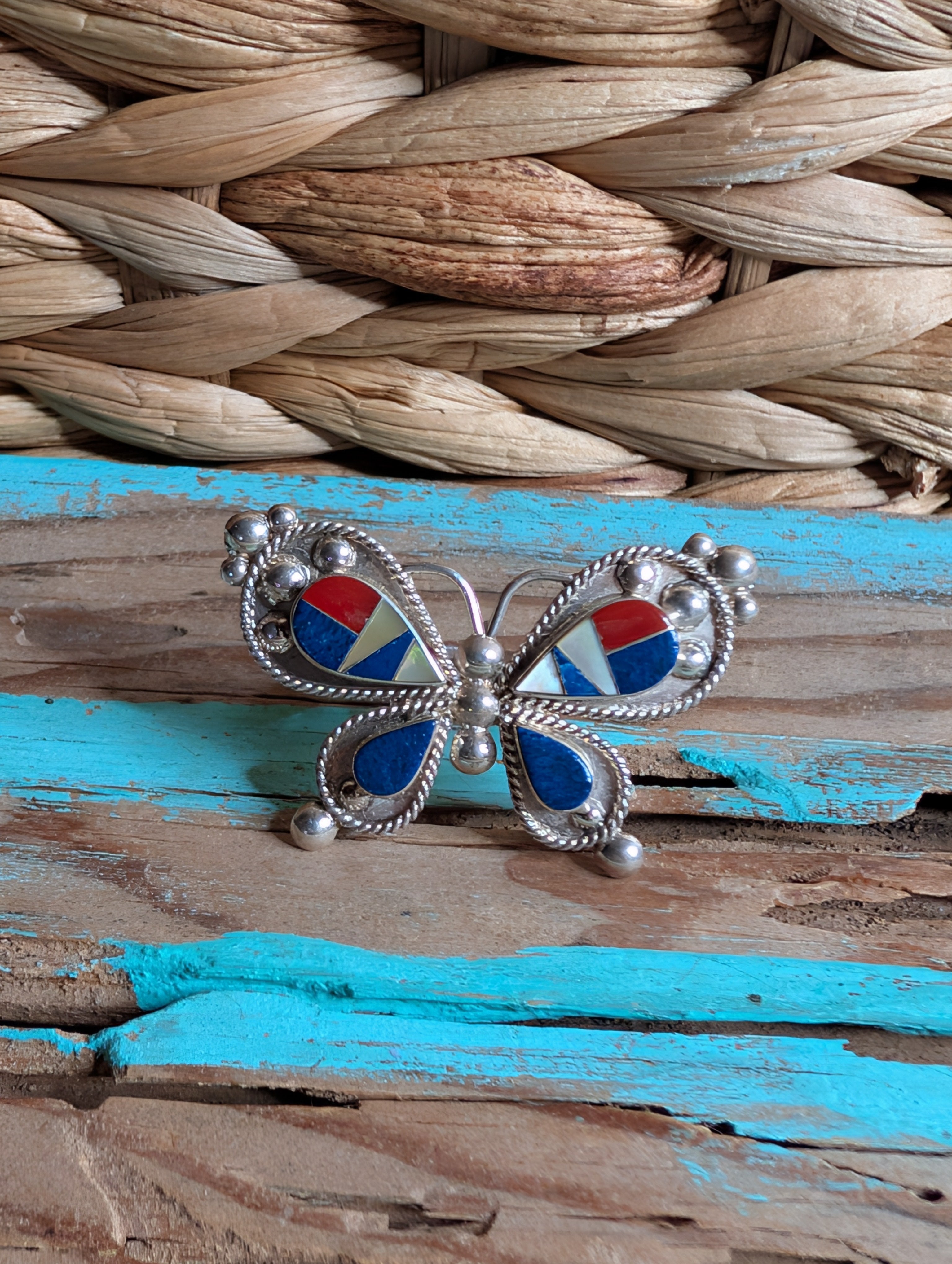 Handcrafted Lapis & Red Coral MultiStone Butterfly Shaped Sterling Silver Ring Size 7