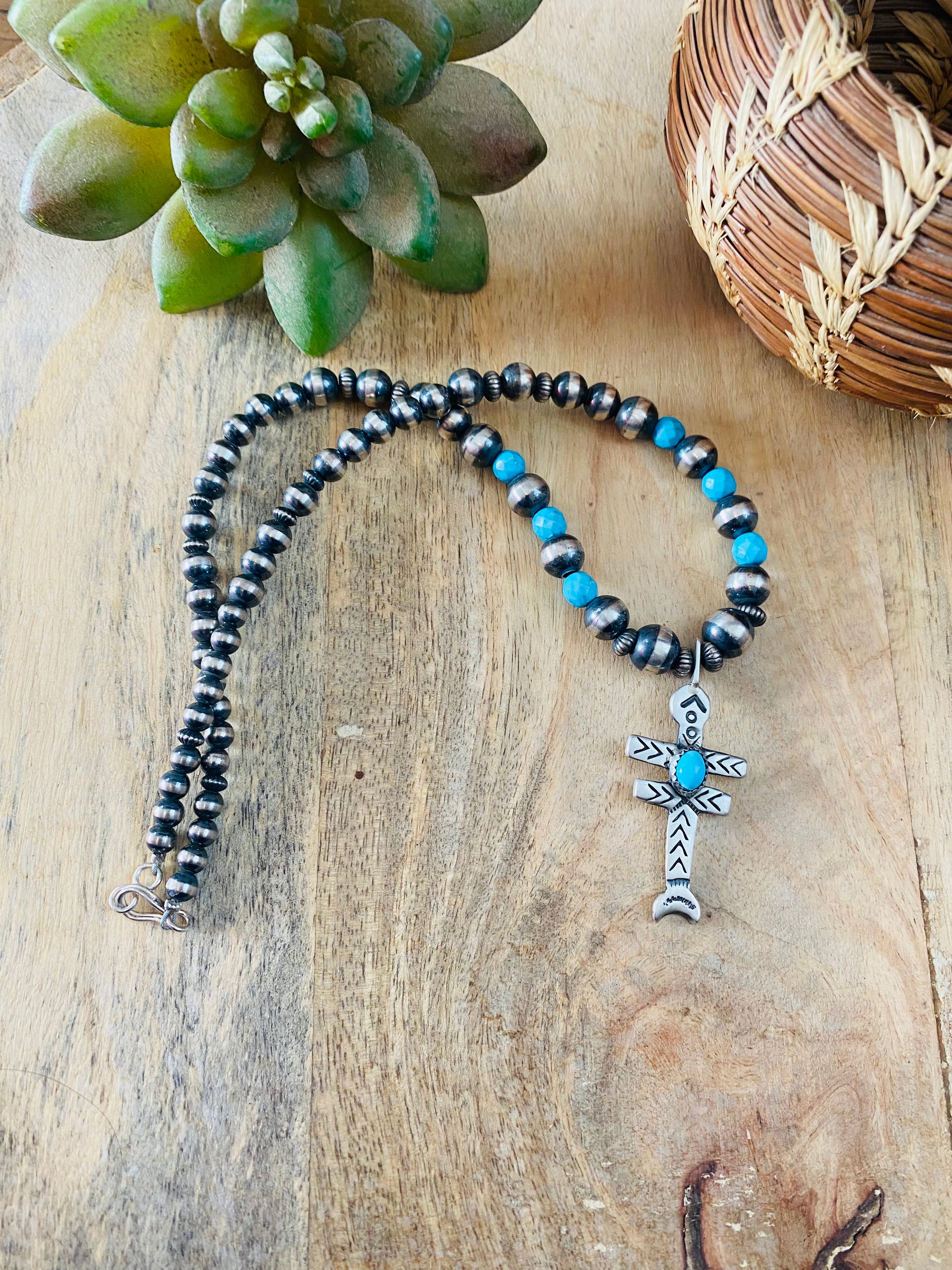 Handcrafted Sterling Silver Pearl & Turquoise Beaded Cross Necklace