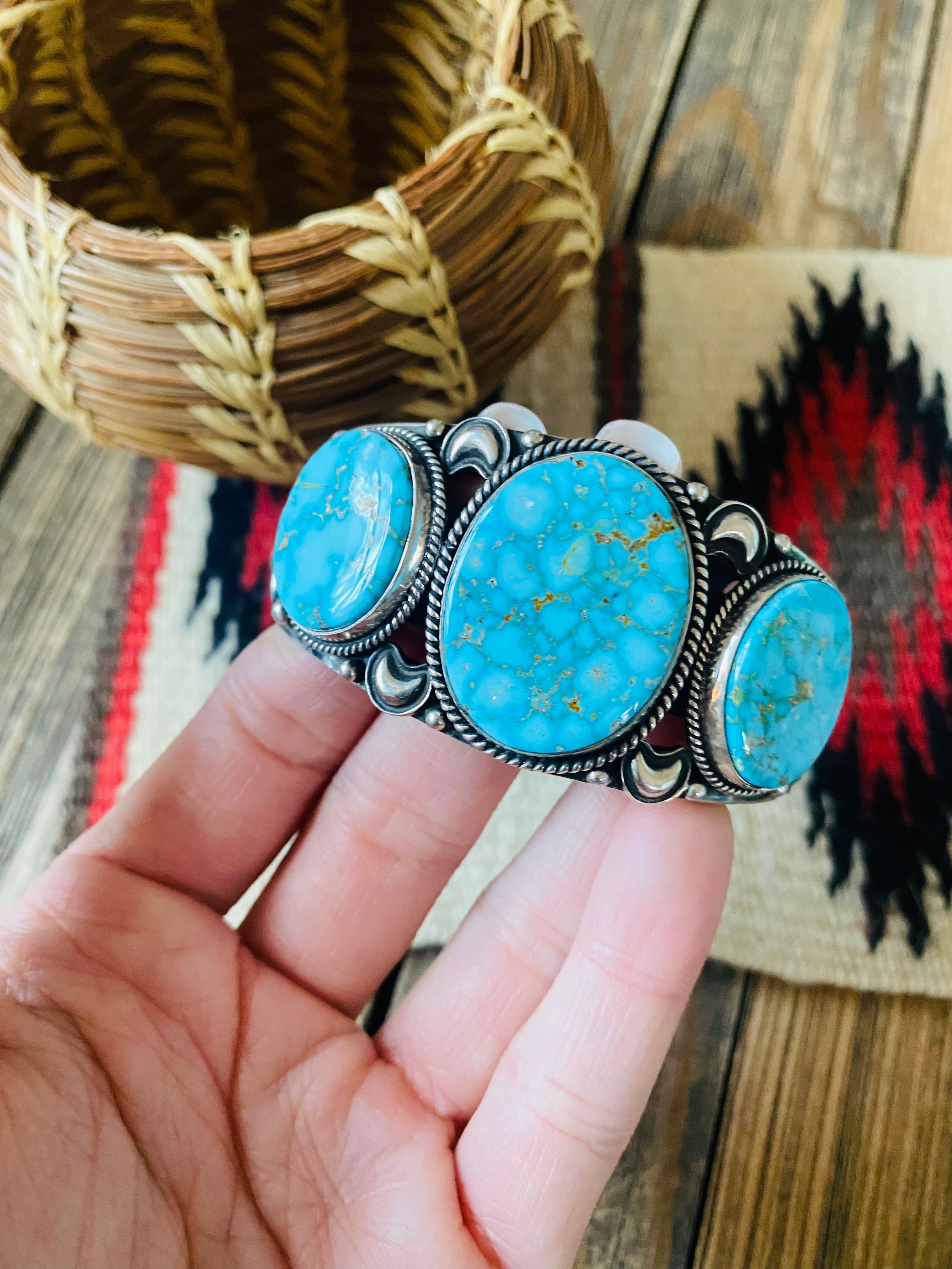 Navajo Kingman Web Turquoise & Sterling Silver Cuff Bracelet By Derrick Gordon /