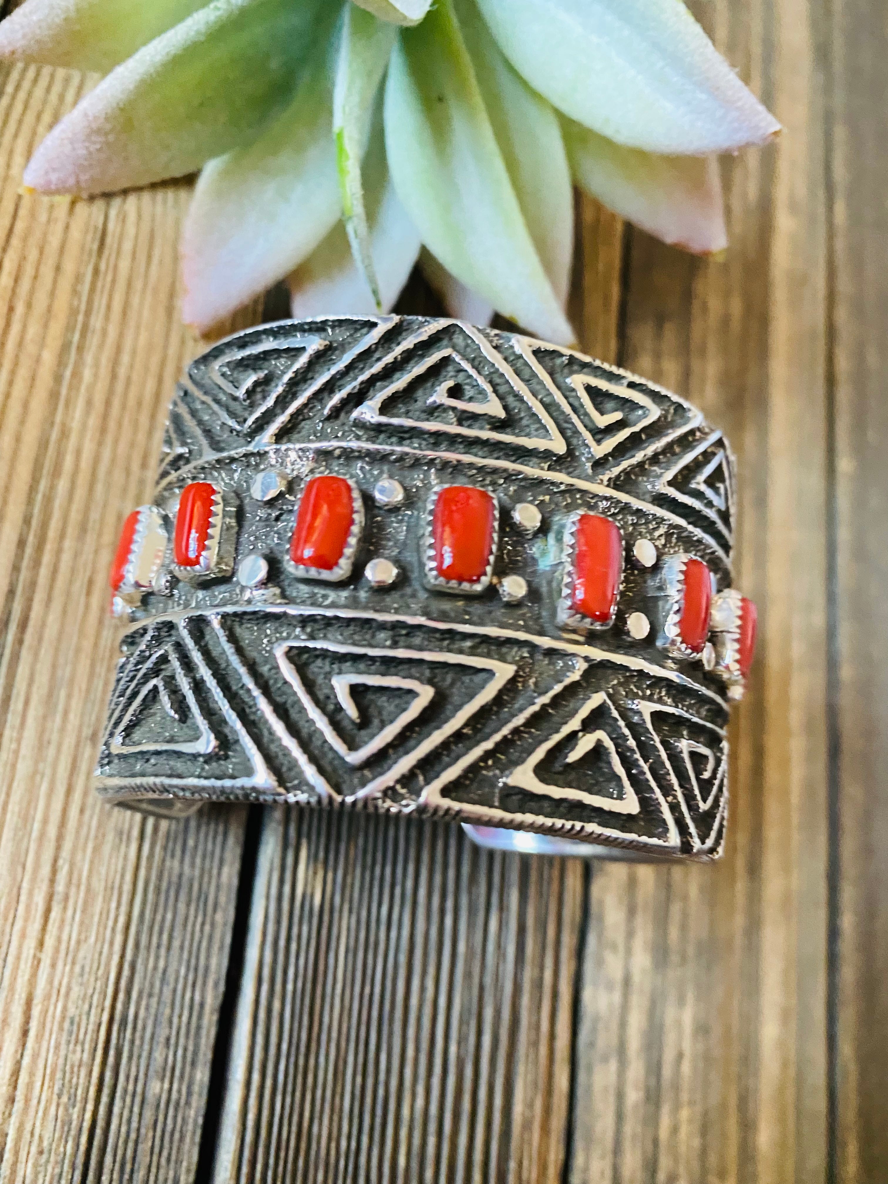Navajo Coral & Sterling Silver Cuff Bracelet By Steve Arviso /