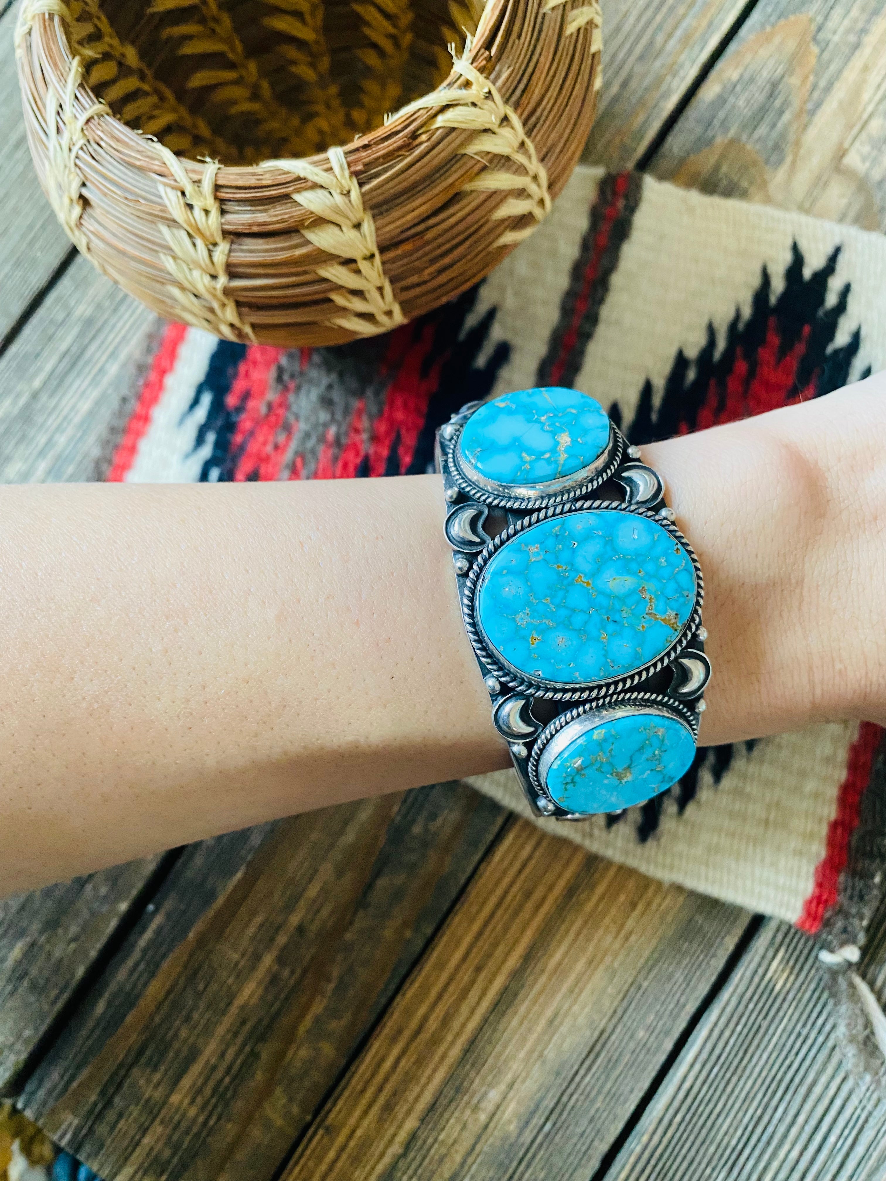 Navajo Kingman Web Turquoise & Sterling Silver Cuff Bracelet By Derrick Gordon /