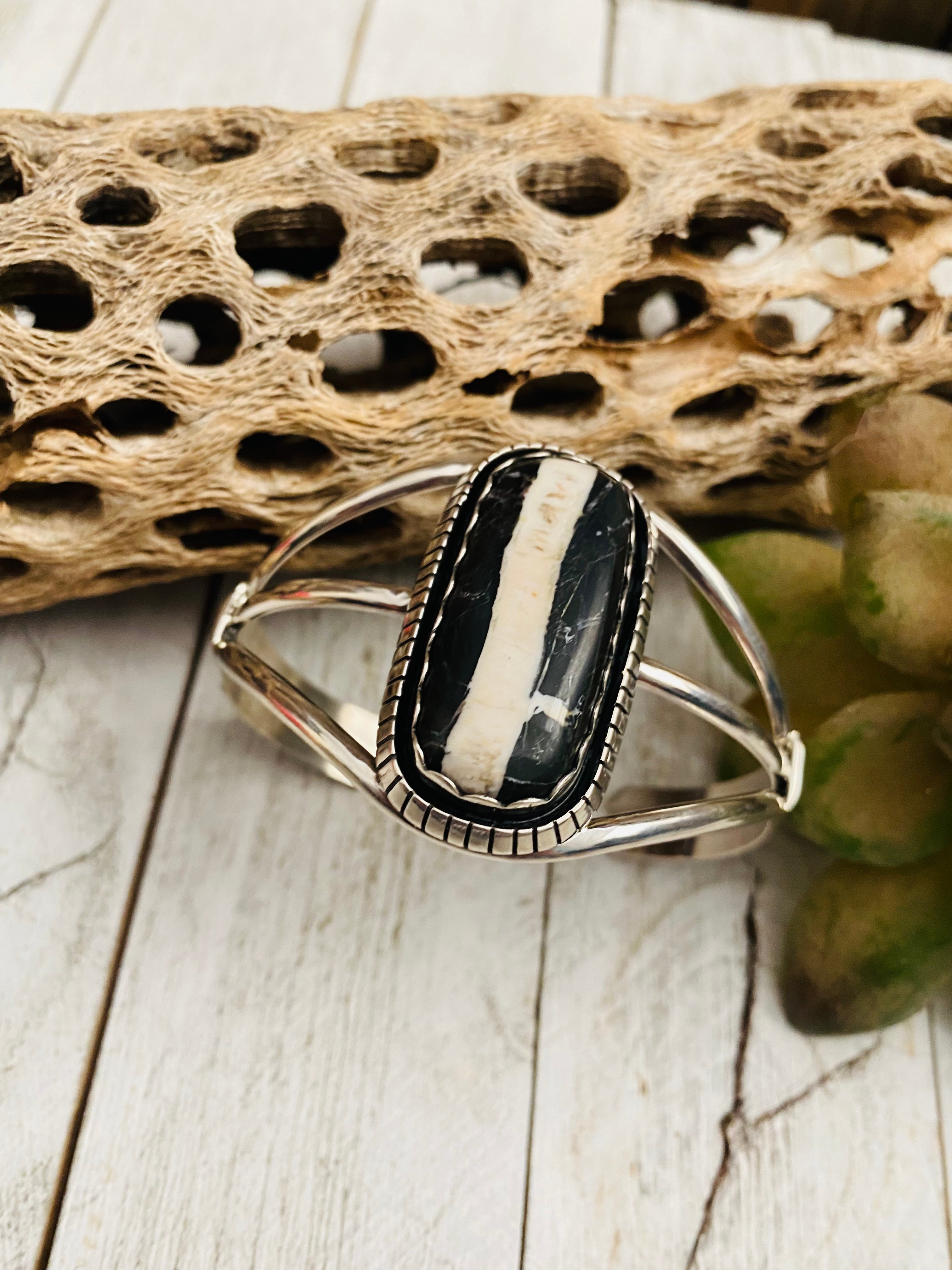 Handcrafted Sterling Silver & Zebra Jasper Cuff Bracelet Signed