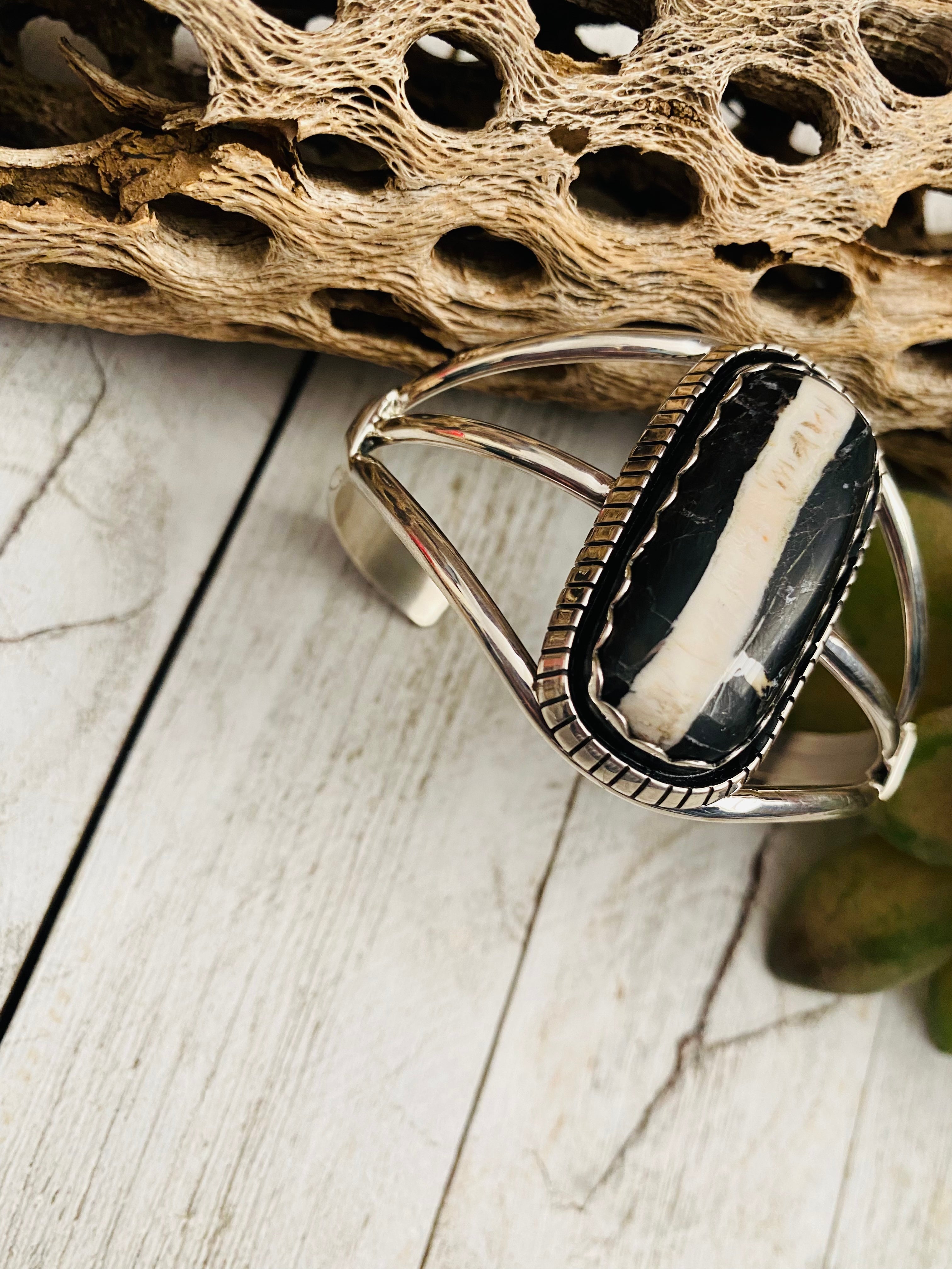 Handcrafted Sterling Silver & Zebra Jasper Cuff Bracelet Signed